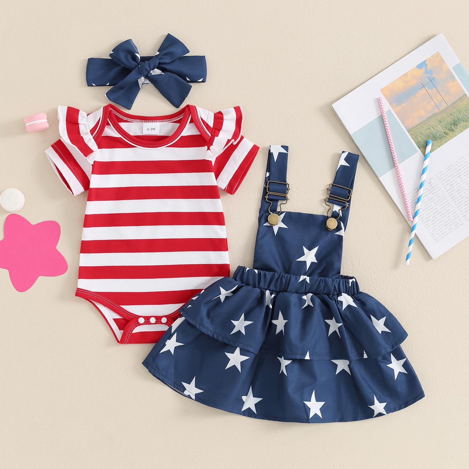 Baby Girl 4th Of July Outfit Newborn Ruffle Romper Skirt Set Toddler Bodysuit Fourth Of July Dress Cute Clothes (B Stars Stripe Blue, 12-18 Months)