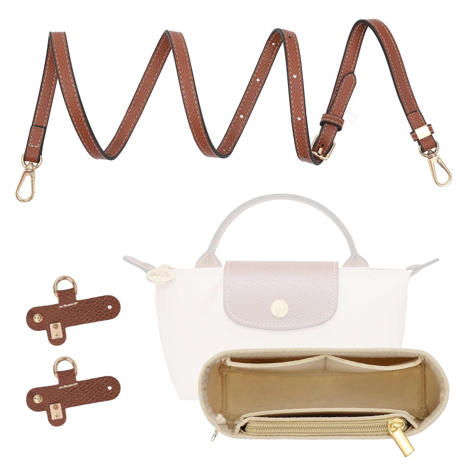 DIANZHU 2 Sets Leather Mini Bag Shoulder Strap, Felt Purse Insert Organizer, Adjustable Punch-Free Buckle Strap, Brown-image-13