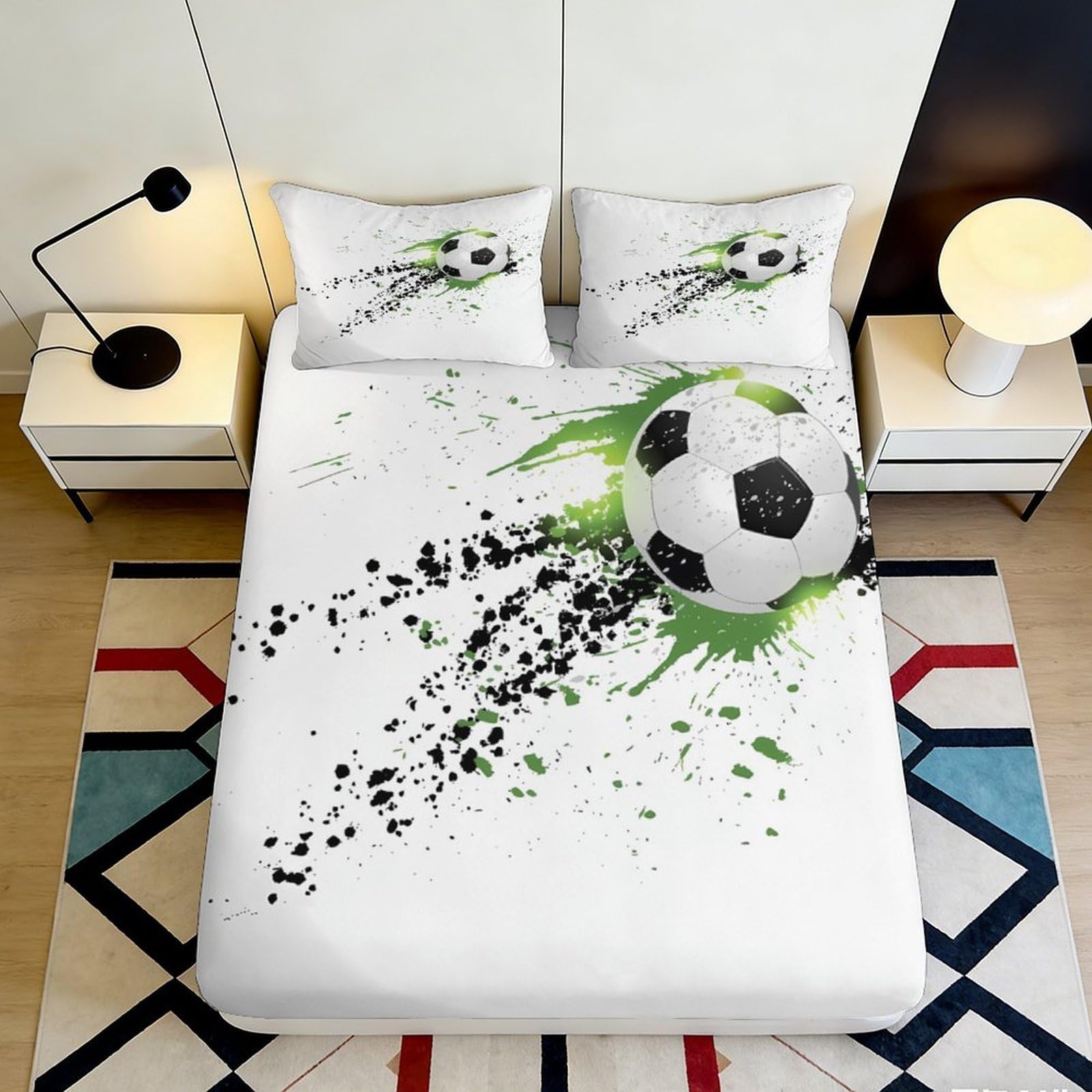 3D Printed Football Splash Fitted Sheet Microfiber Soft Durable Soccer Ball Bed Cover for Bedroom Dormitory Guest Room Mattress Protection 90x200x25cm