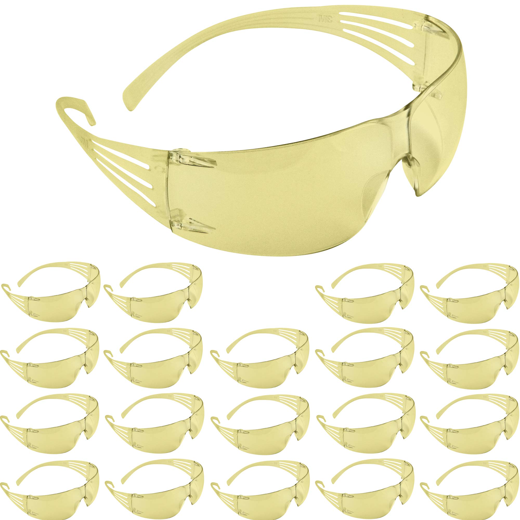 3MSafety Glasses, SecureFit, 20 Pack, ANSI Z87, Anti-Fog Anti-Scratch Amber Lens, Amber Frame, Flexible Temples