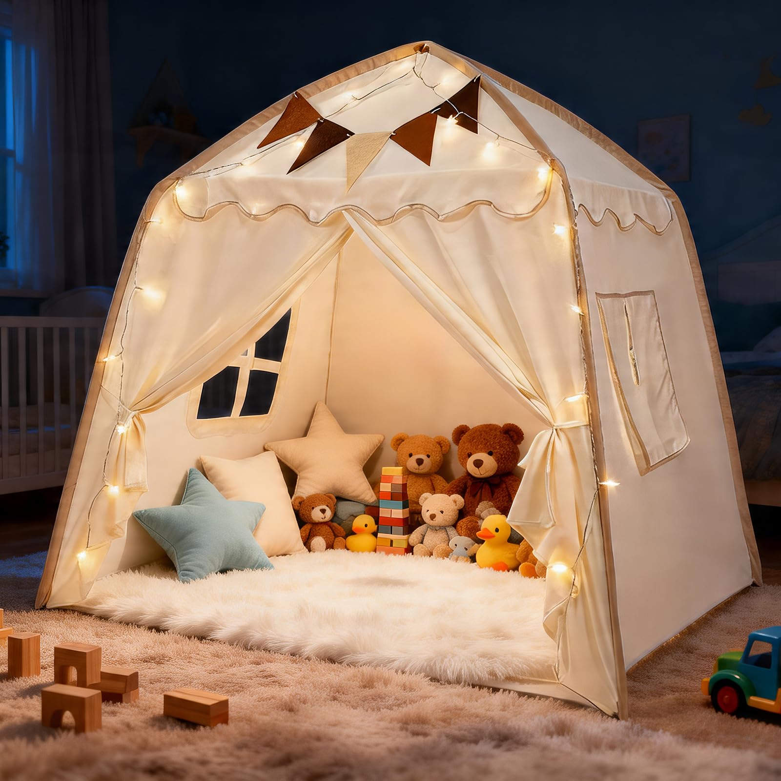 Tente Enfant, Cabane Enfant Intérieur avec Lumières et Drapeaux Tente de Jeu pour Enfants Princesse Tipi Cadeaux d'Anniversaire et de la Fête des Enfants Garçons Filles Décoration de Chambre d'Enfants