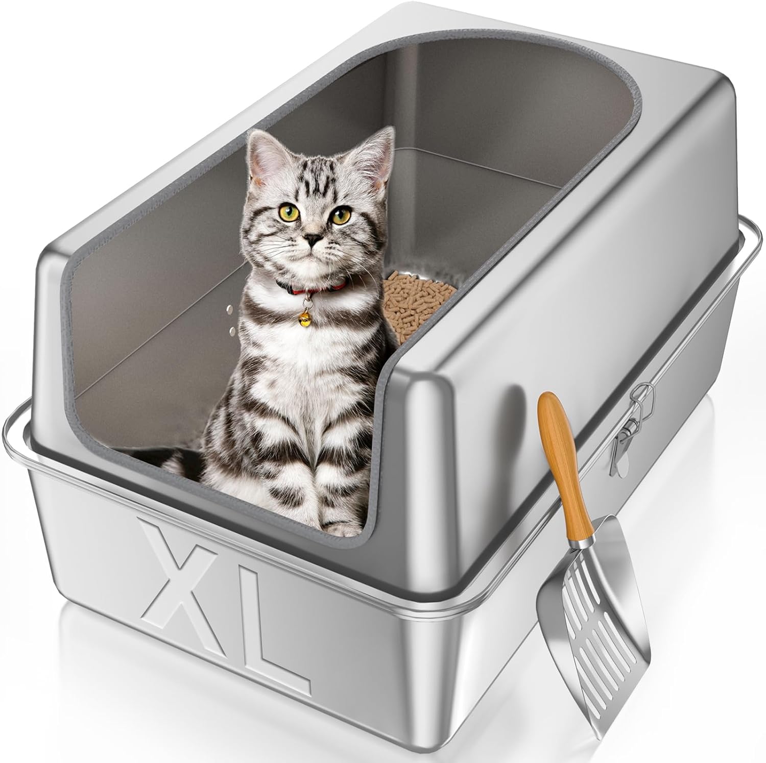 12'' High Sides XL All Stainless Steel Cat Litter Box with Lid,Deep Metal Litter Box for Big Cats,Extra Large Litter Boxes with High Wall Enclosure,Anti-Leakage,Never Absorbs Odors,Non-Sticky Surface XL:12''H×23.6''L×15.7''W