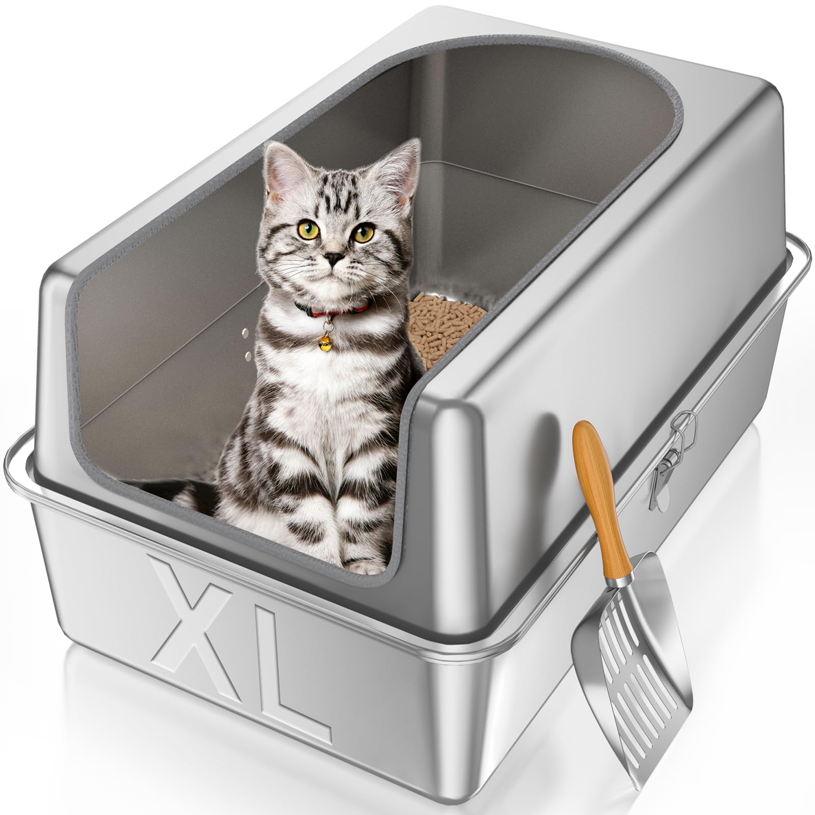 12'' High Sides XL All Stainless Steel Cat Litter Box with Lid,Deep Metal Litter Box for Big Cats,Extra Large Litter Boxes with High Wall Enclosure,