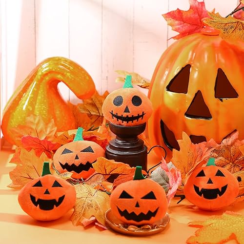 Miniatura 5 de 12 juguetes de peluche de calabaza de Halloween de 3.2 pulgadas, peluche de calabaza suave, adornos de Halloween con expresión de terror para