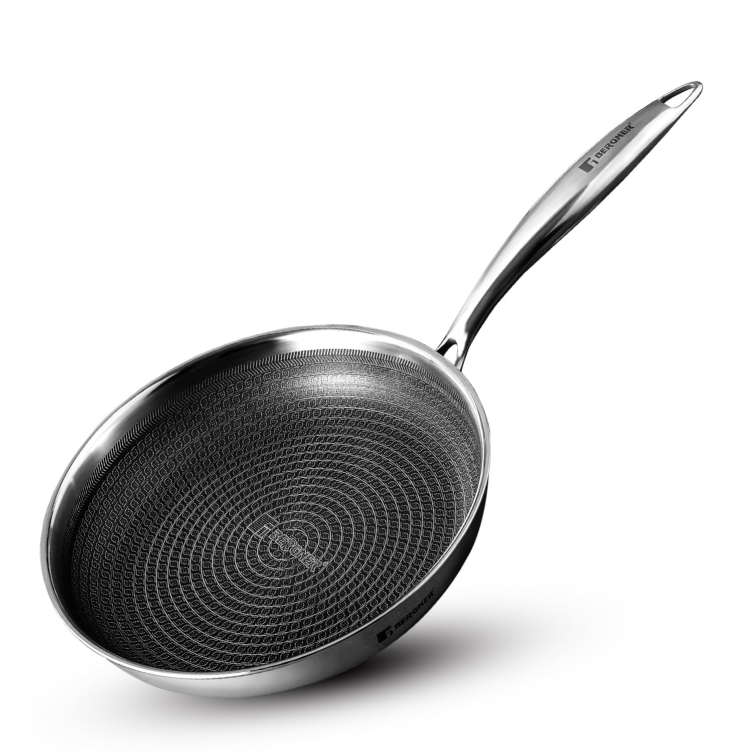 Bergner Hi-Tech TriPly Stainless Steel 20cm Frypan, Honeycomb Non-Stick Coating Frying Pan, Non-Toxic, Healthy Cooking, Less Oil Use, Durable Handle with Excellent Grip - Induction