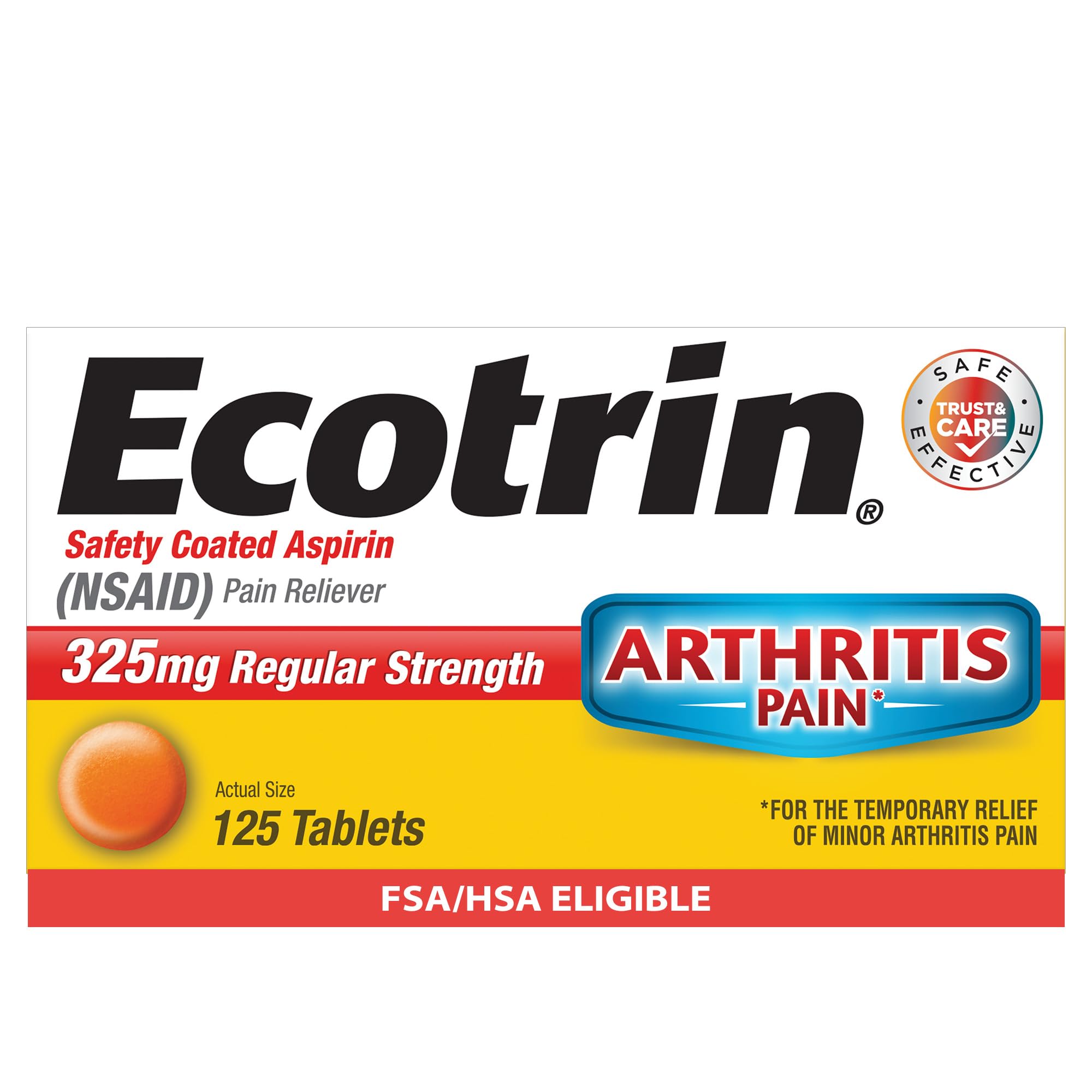 Ecotrin Regular Strength Aspirin, Arthritis Pain Relief, 325mg Regular Strength, 125 Safety Coated Tablets