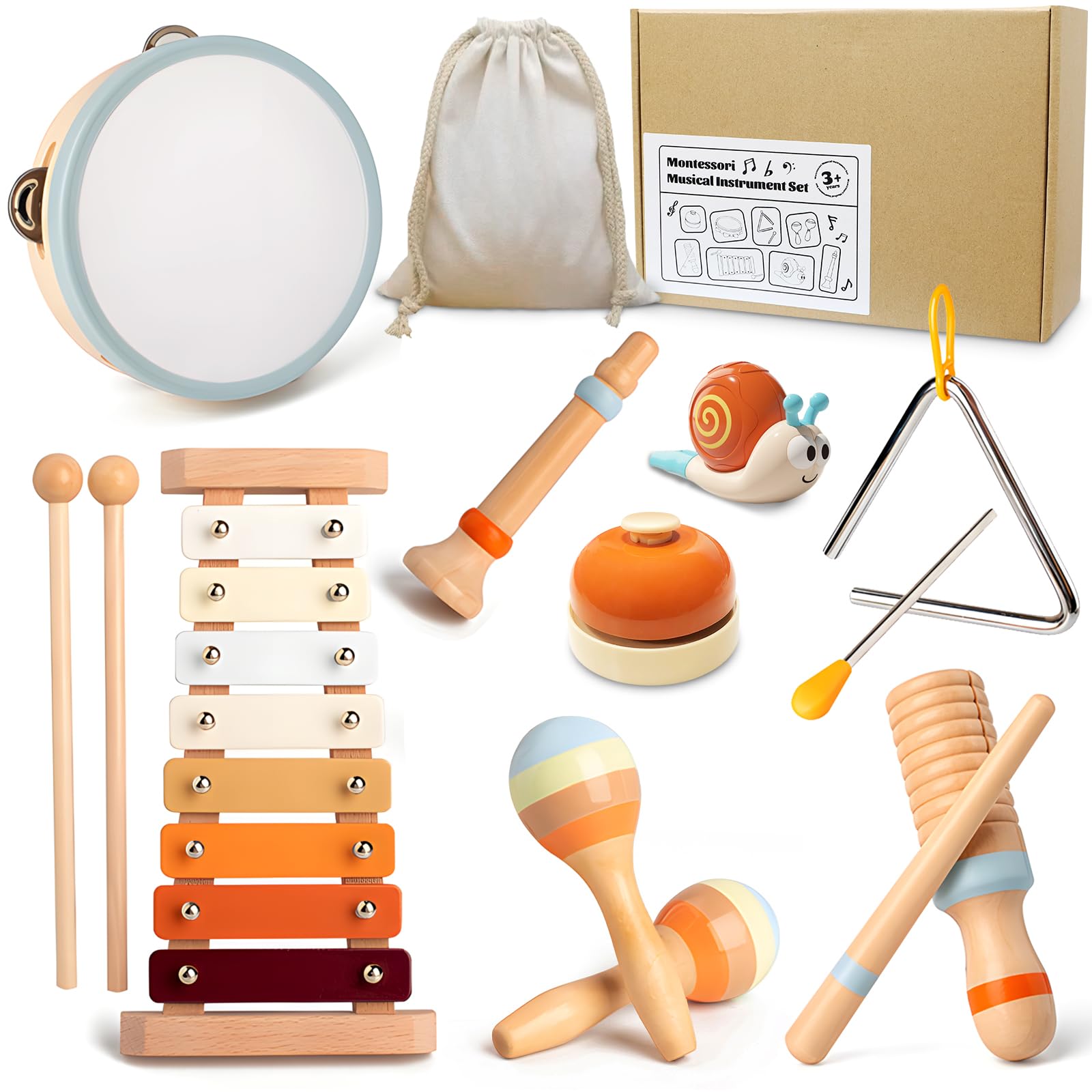 JOSEN Baby Musical Instruments, Montessori Musical Toys for Toddlers, Wooden Percussion 8-in-1 Instruments Set Modern Boho...