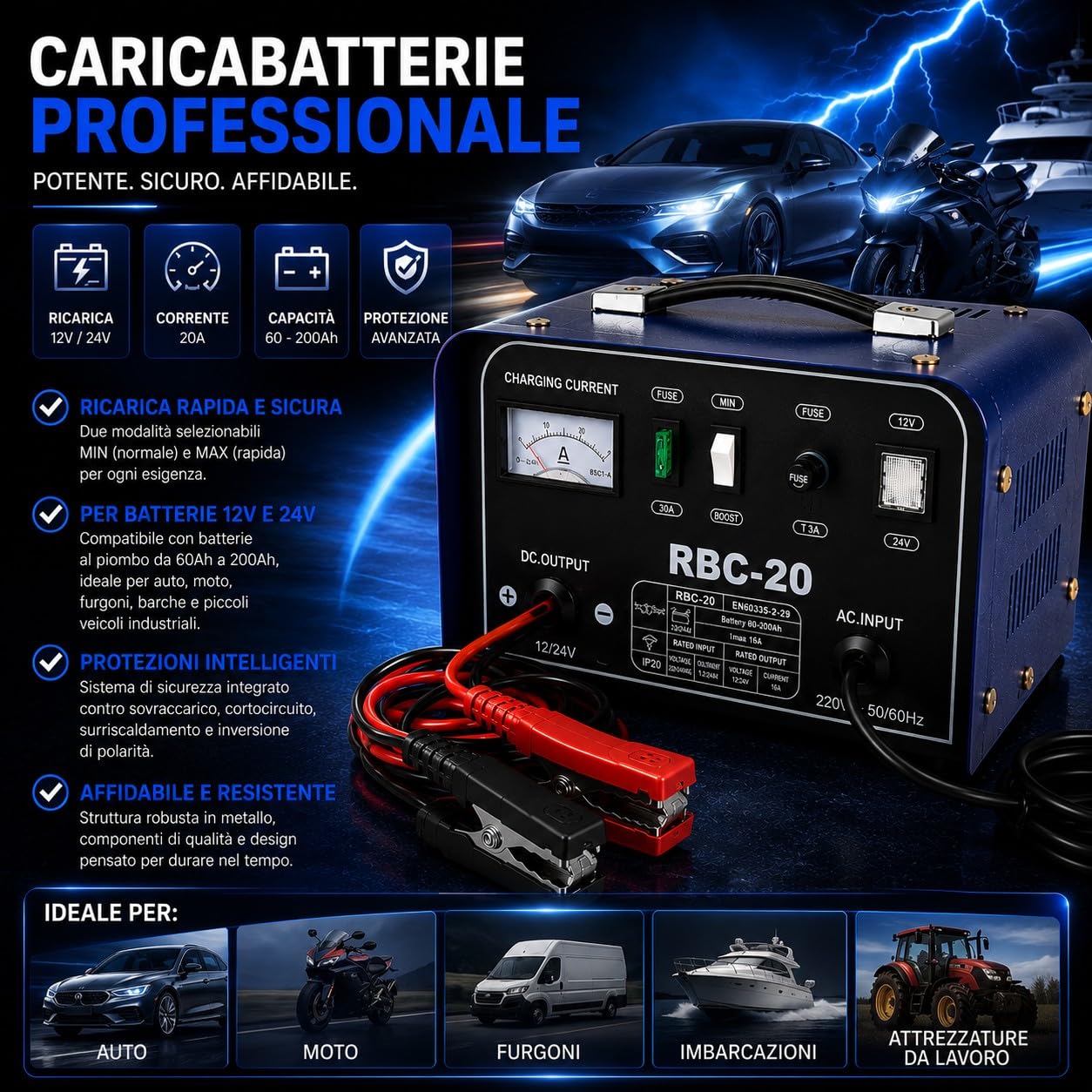 Caricabatterie Auto Moto 12V 24V Corrente di Picco 20A Professionale per Batterie al Piombo 60-200Ah con Amperometro Analogico Modalità MIN/MAX per Auto Furgoni Barca Trattore