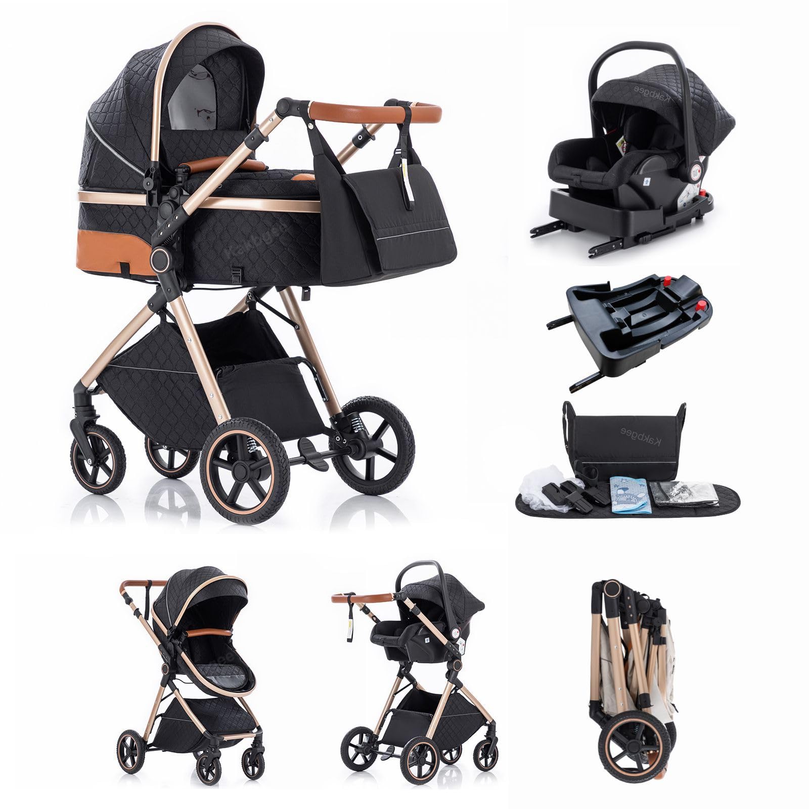 3 in 1 Kinderwagen mit Babyschale ISOFIX Basis Faltbar Buggy 7-fach höhenverstellbarer Griff 4-Rad Federung Regenschutz Moskitonetz Stroller Neugeborene 0-3 Jahre 15KG Schwarz
