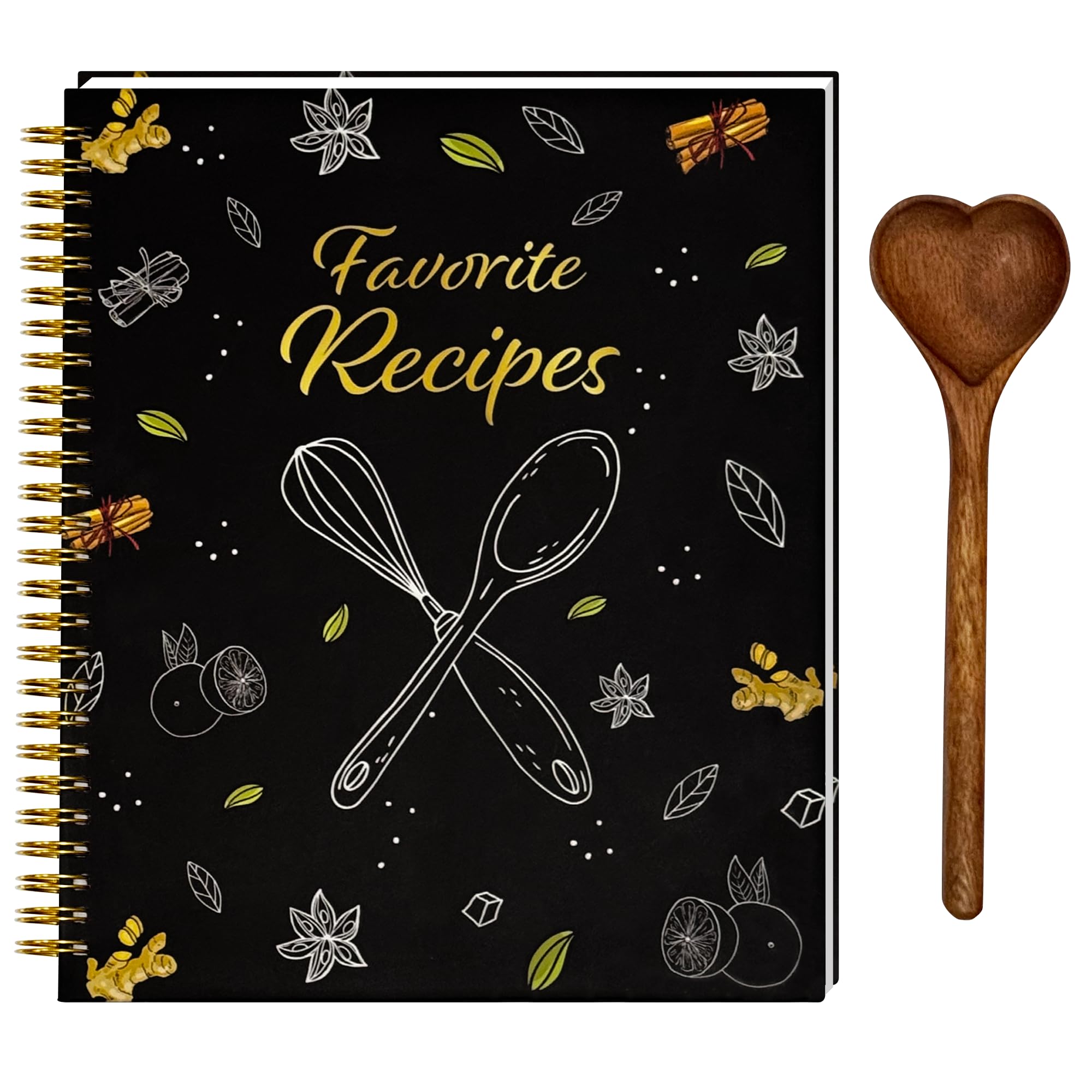 Recipe Journal for Own Recipes, Hard Cover Recipe Journal 7.5” x 9”, Spiral Bound Recipe Journal, Personalized Blank Page, Includes Heart-Shaped Wooden Spoon - 100 Template Pages