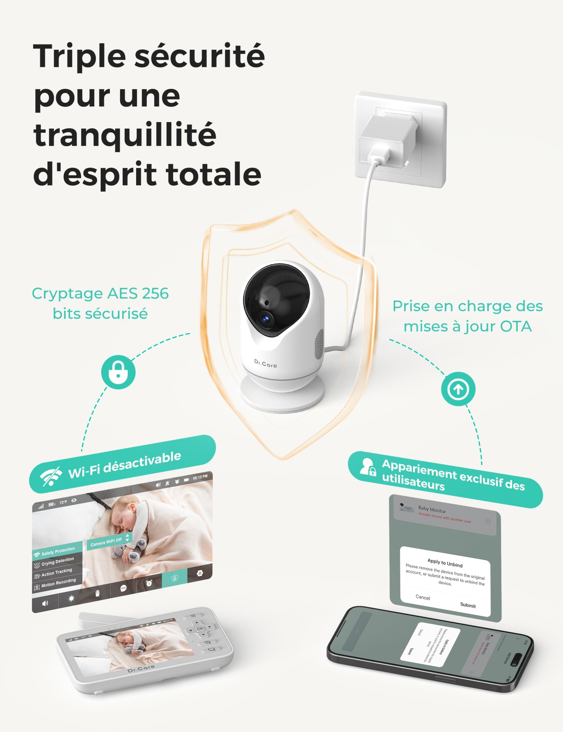 Dr.Care VistaView Lite Smart WiFi Baby Monitor et 2 Caméras, écran 4” 720P, Caméra 1080P, Appli, Aertes Mouvement, Vision Nocturne, Batterie 3000mAh, Audio Bidirectionnel, Portée 390m.