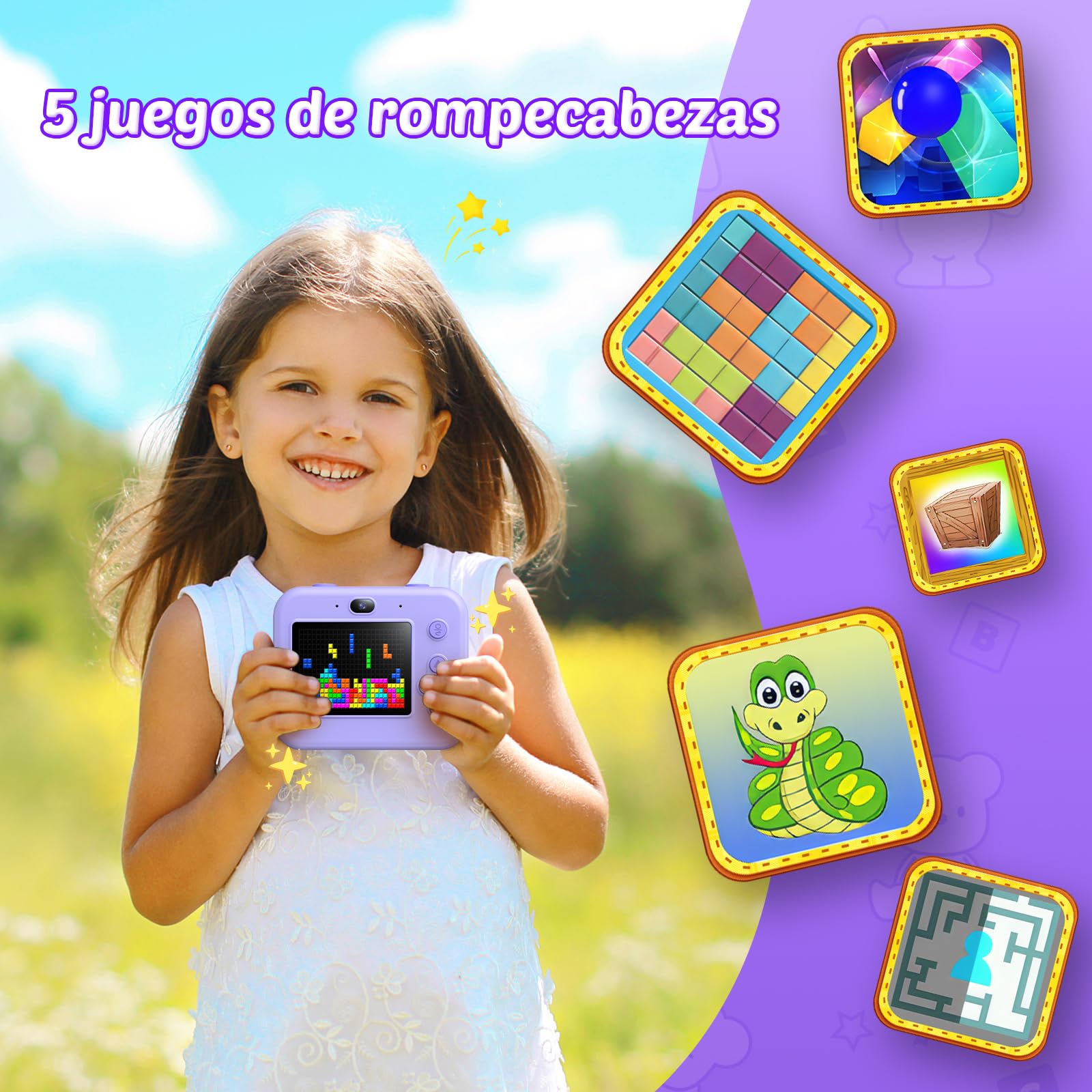 Cámara de Fotos Infantil Instantáneas - 1080P 2.4" Cámara Selfie Instantánea para Niños con Papel de Impresión y Tarjeta 32GB, Juguete Regalo Navidad para Niño y Niña de 3 a 12 Años (Morado)