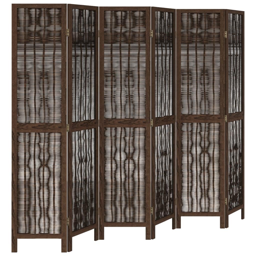 Vidaxl Dark Brown 6-Panel Room Divider - Solid Paulownia Wood & Willow Privacy Screen - Foldable Partition For Living Room/Bedroom/Office