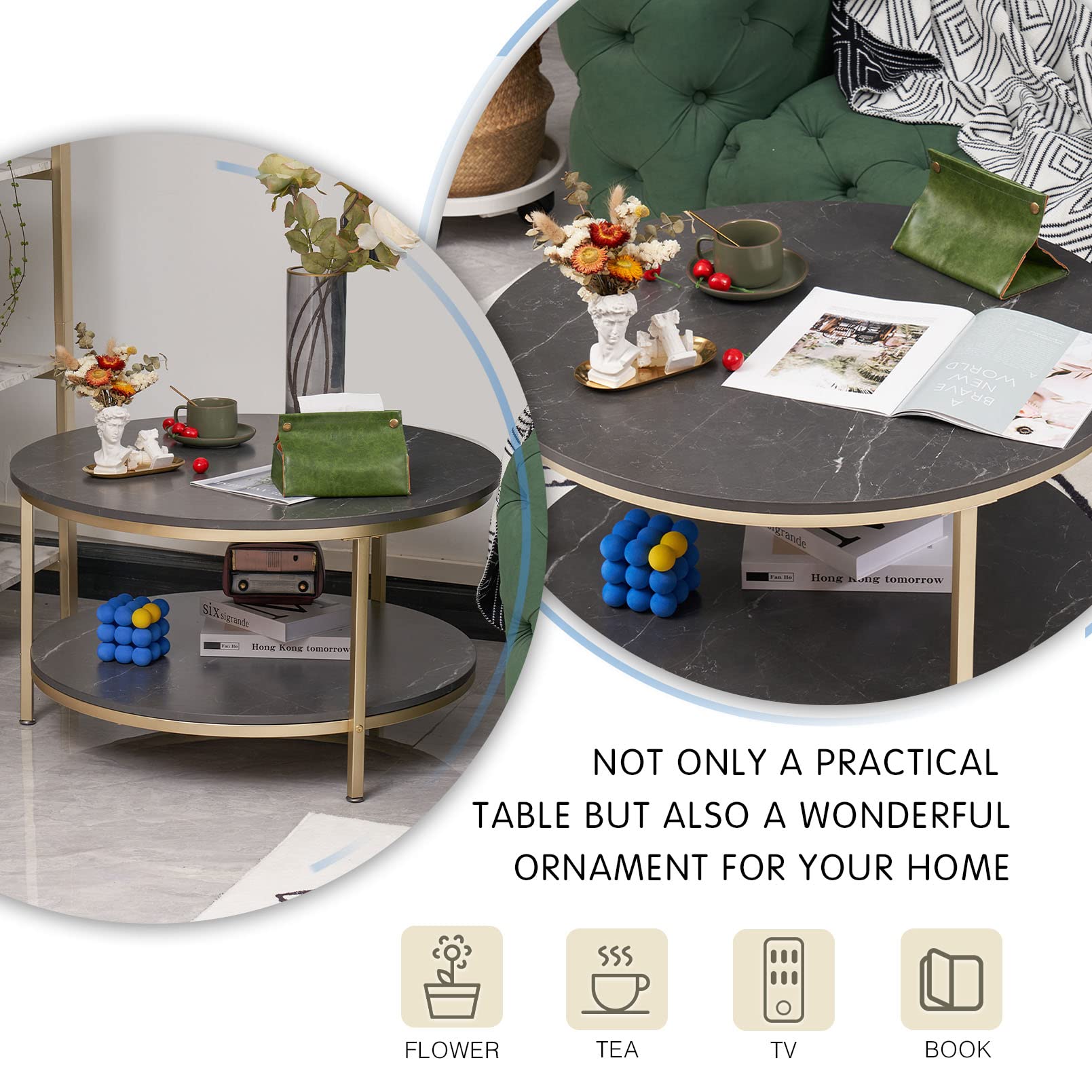 Soayone salontafel zwart metaal, bijzettafel hout rond, designer salontafel goud marmer