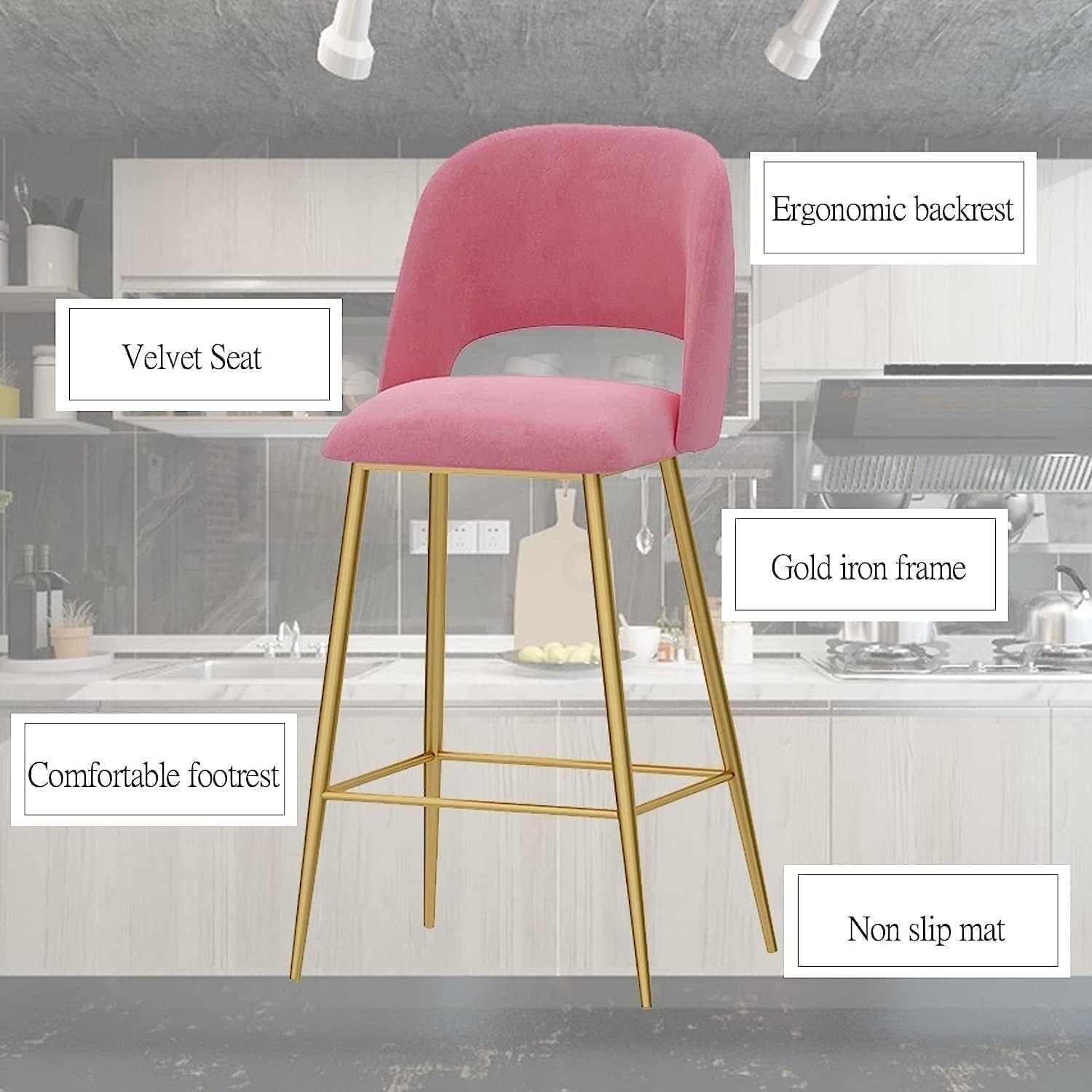 Taburete de Bar Moderno de Terciopelo, 1 Unidad, Altura de mostrador con Respaldo y Patas de Metal Dorado para Cocina.