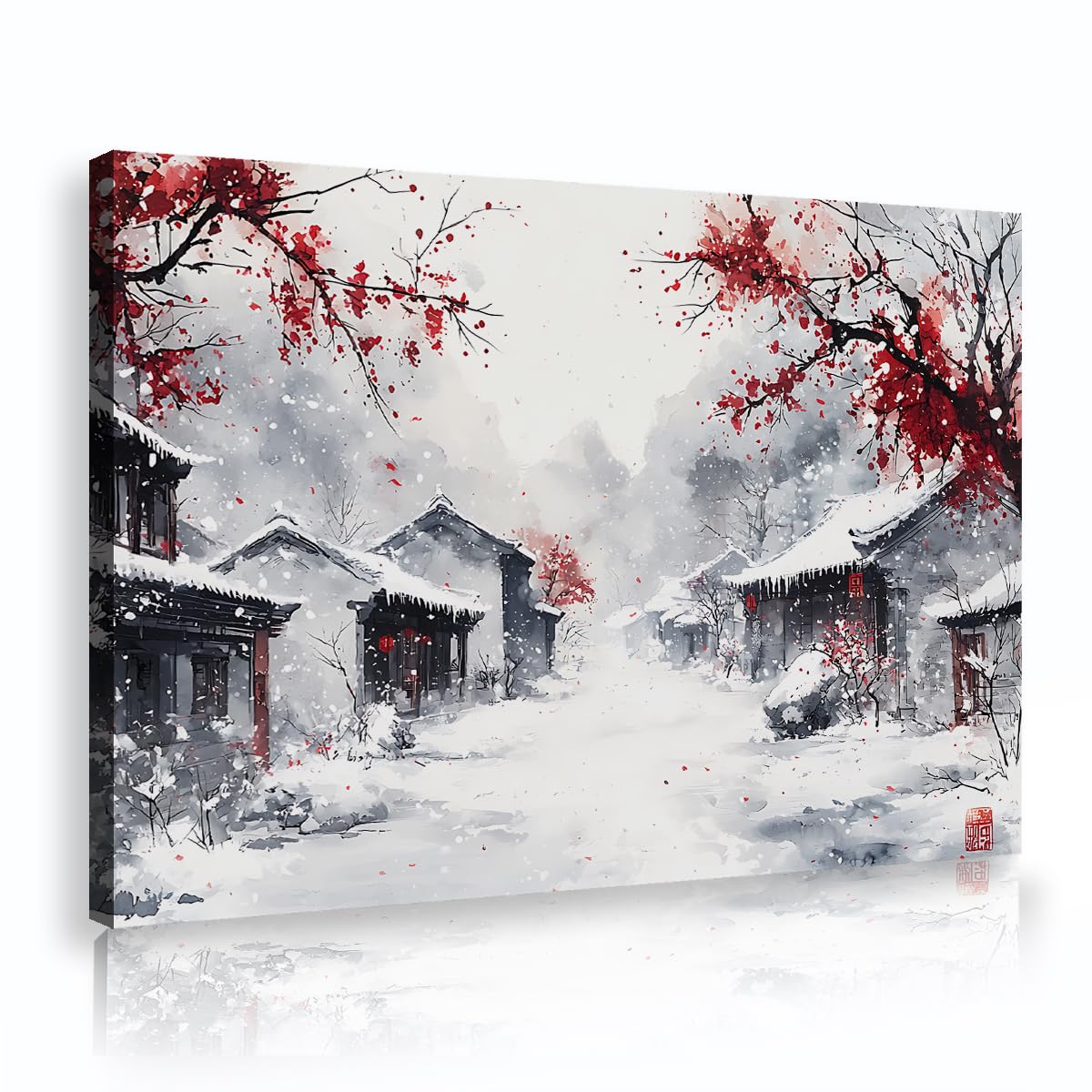 TOANGWALL Snowy Village Canvas Wall Art Red Plum Blossom Ink Painting Winter Scenery Mural Pictures Artwork Modern Framed Poster Prints For Dining Room Corridor Decor 75x115cm
