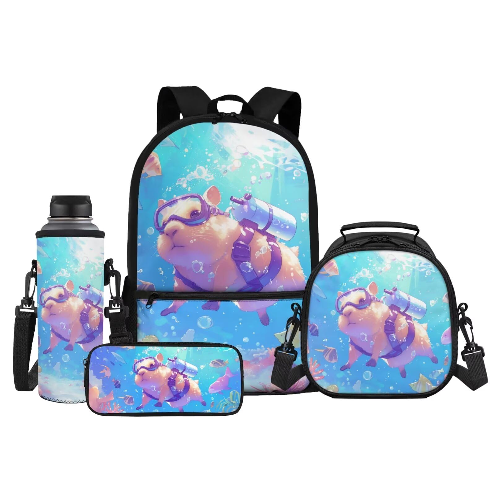 ZPINXIGN 4-in-1 Kids School Backpack Set 3D Capybara Diving Design Backpack with Lunch Box for Girls Boys Elementary & Middle School Back to School