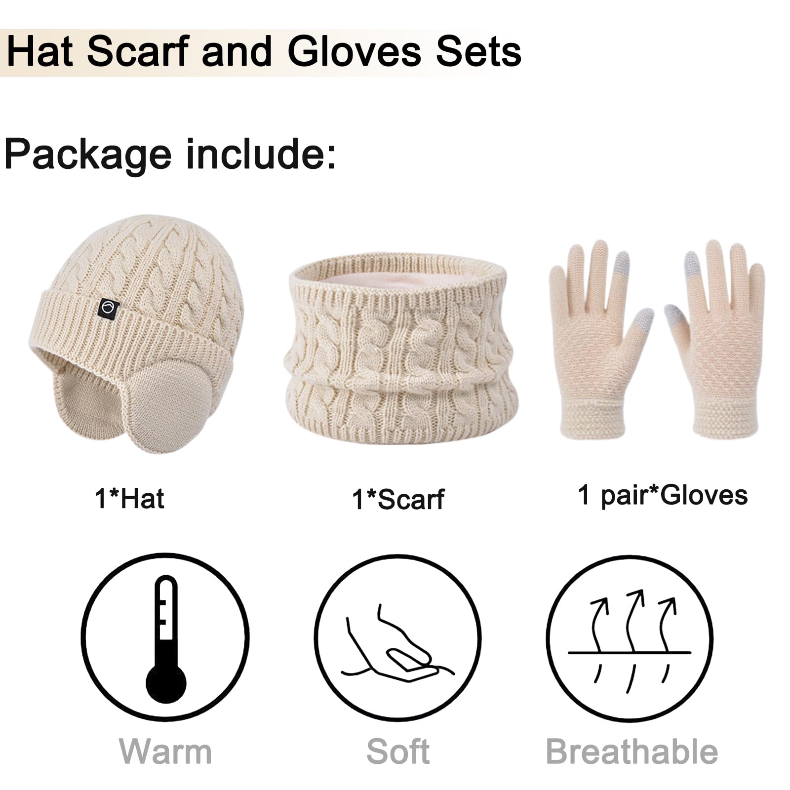 Niños Conjunto Gorro de Punto Bufanda Guantes Set 3 en 1, Invierno Cálidos Beanie con Orejeras Caliente Bufanda Pantalla Táctil Guantes para Niños Niñas 4-10 Años