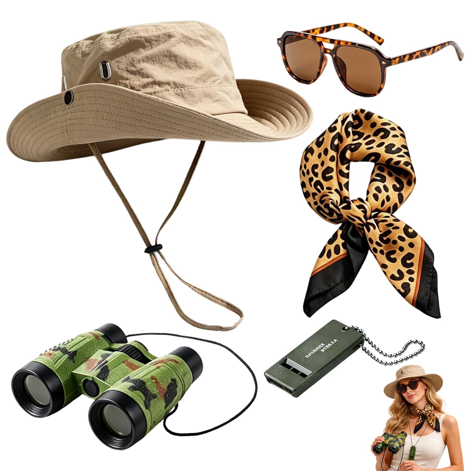 Safari Hat, Safari Costume 5 PCS Set, Zookeeper Costume, Explorer Costume For Halloween Parties And Outdoor Adventures, Complete Safari Explorer Kit Leopard Scarf, Sunglasses, Binoculars and Whistle