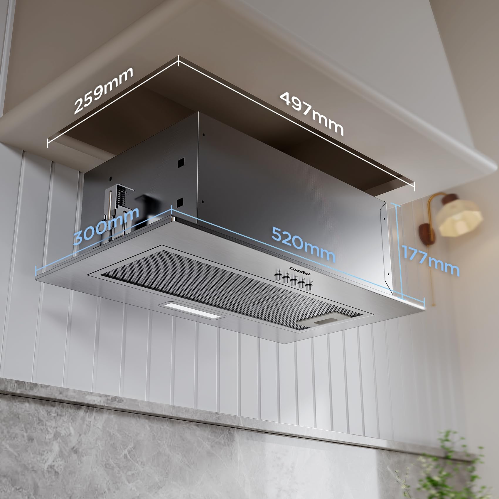 COMFEE' Integrated Cooker Hood CHL17EM21I, 52cm Stainless Steel Built-in Extractor Fan Kitchen, 400m³/h Powerful Extraction, 3 Speed Settings, LED Lighting, Easy Clean Filters — view 2