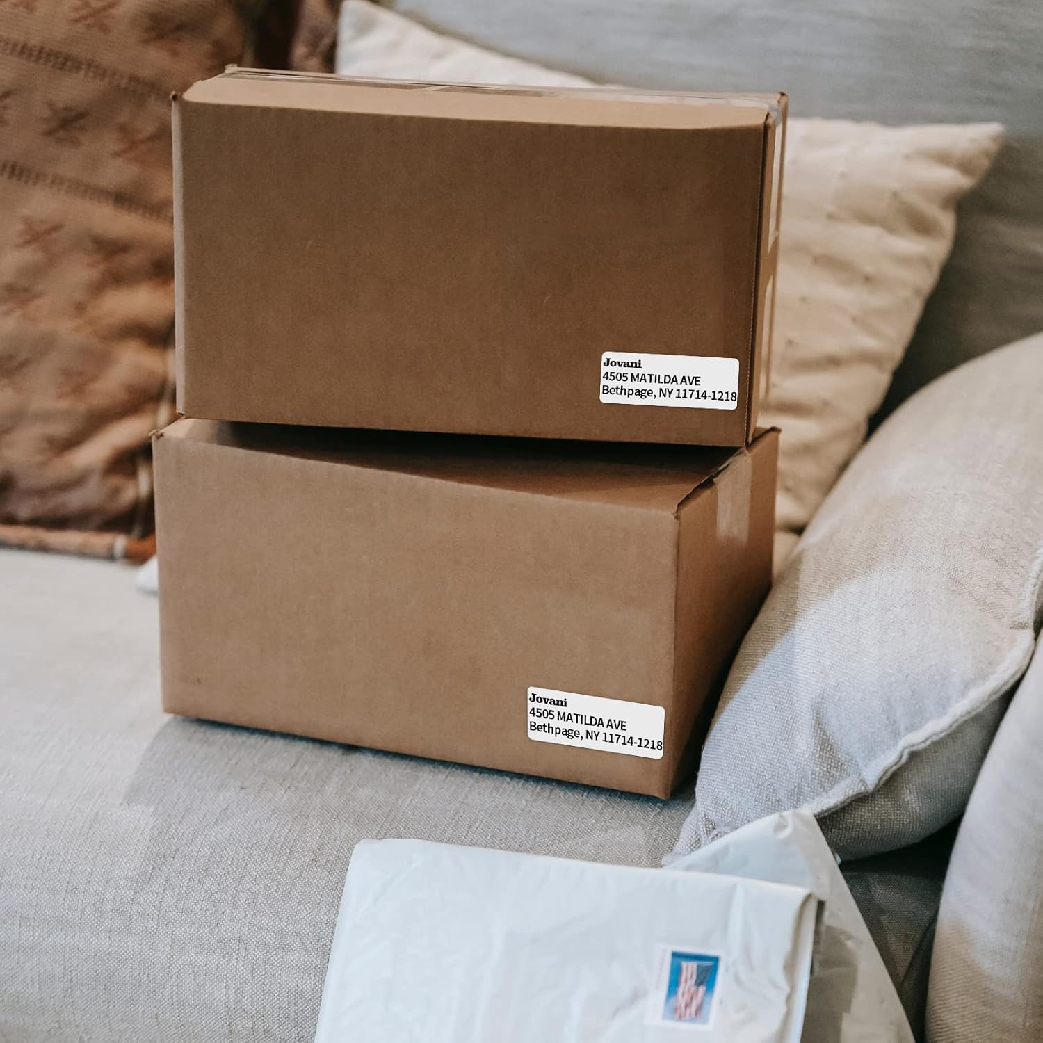 Labels on brown shipping boxes for packages