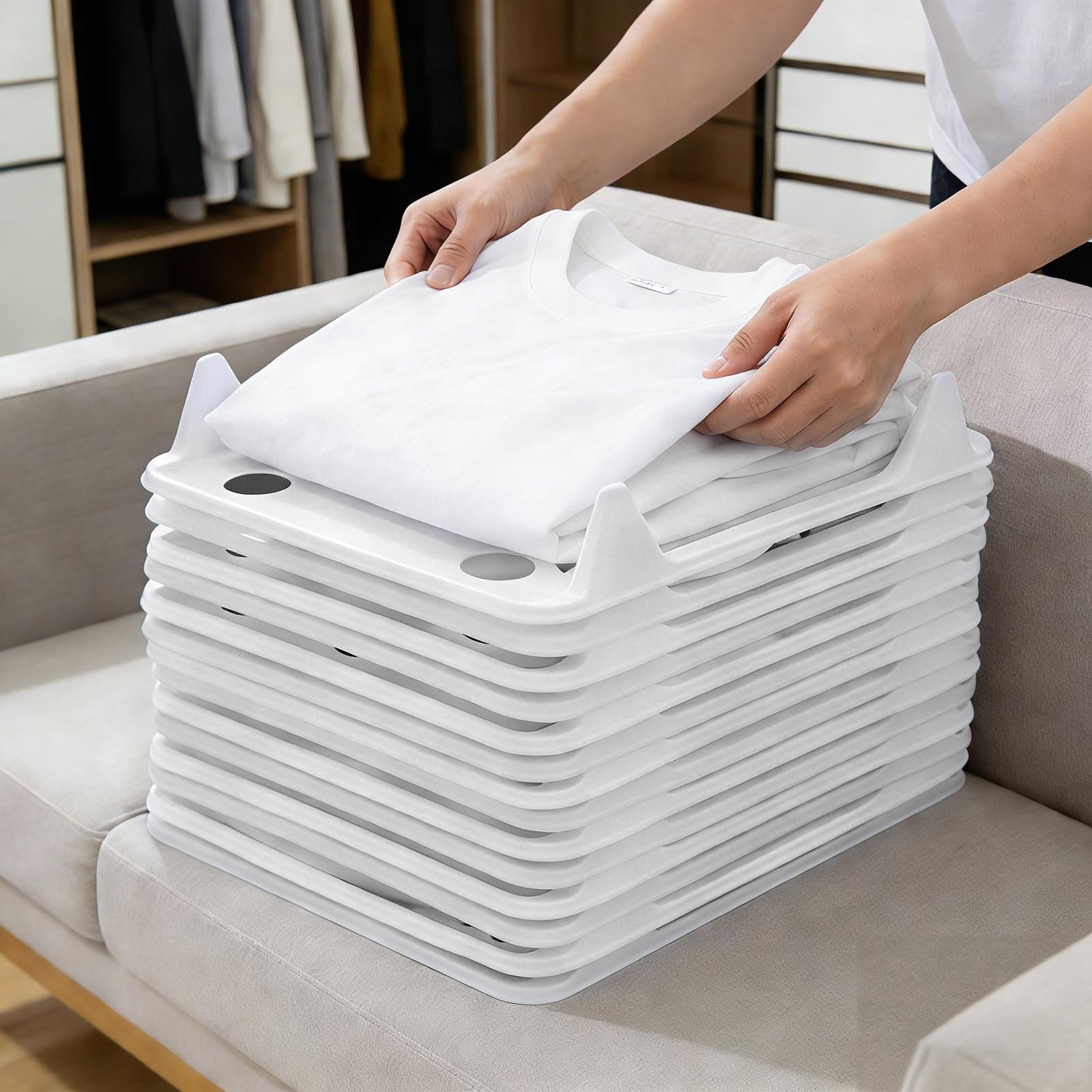 Organizador de camisetas para almacenamiento en el armario, tabla de camisa plegable, bandejas apilables desmontables, solución que ahorra espacio, evita las pilas de ropa y las arrugas
