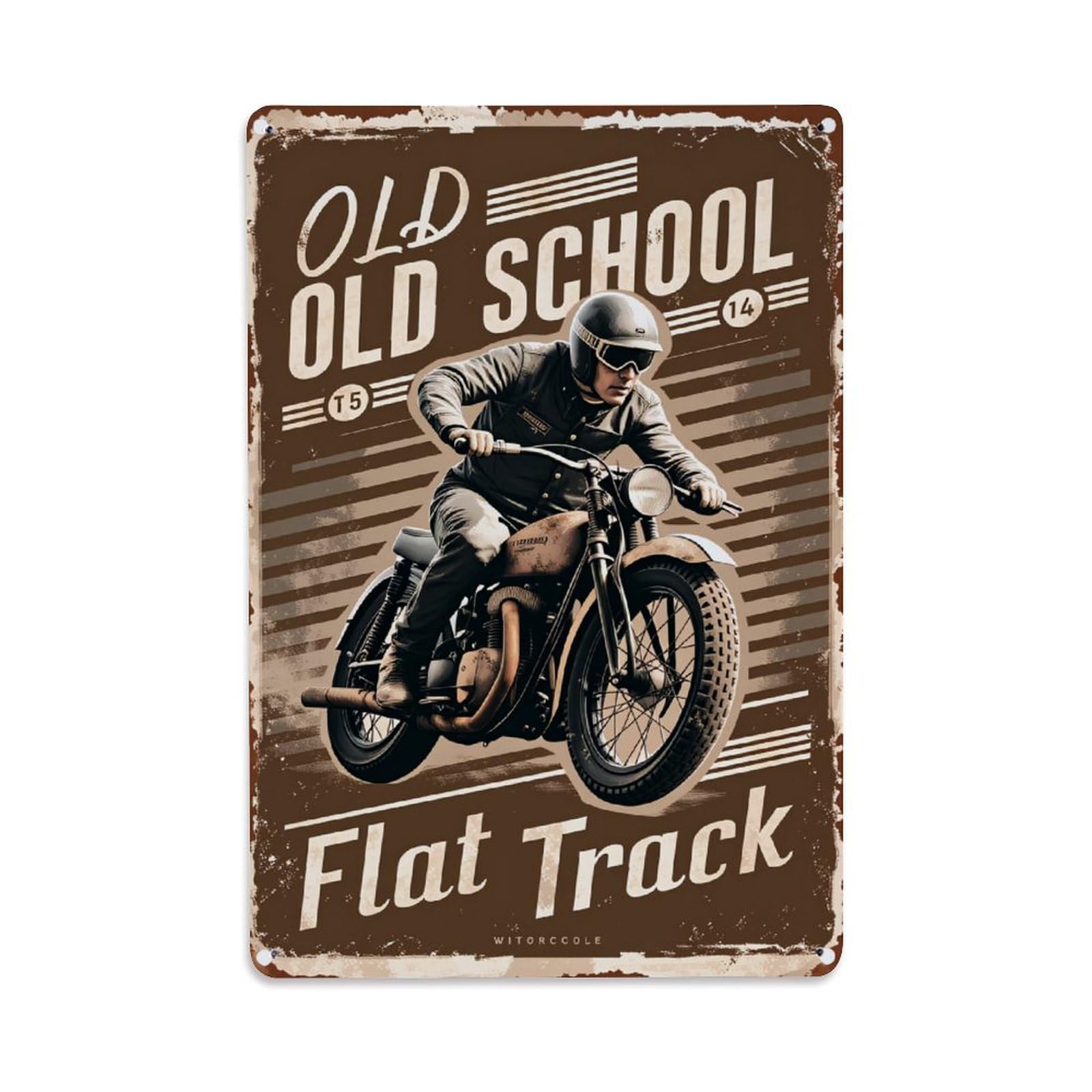 Old School Flat Track Motorcycle Rider Tin Sign Vintage Metal Poster, Home Bar Garage Man Cave Cafe Indoor & Outdoor Wall Decoration 8x12Inches