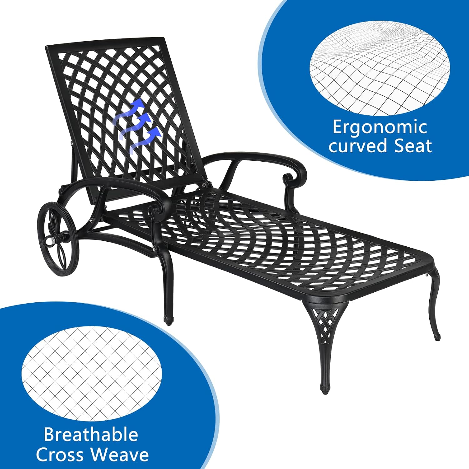 Black Cast Aluminum Adjustable Outdoor Chaise Lounge with Arms
