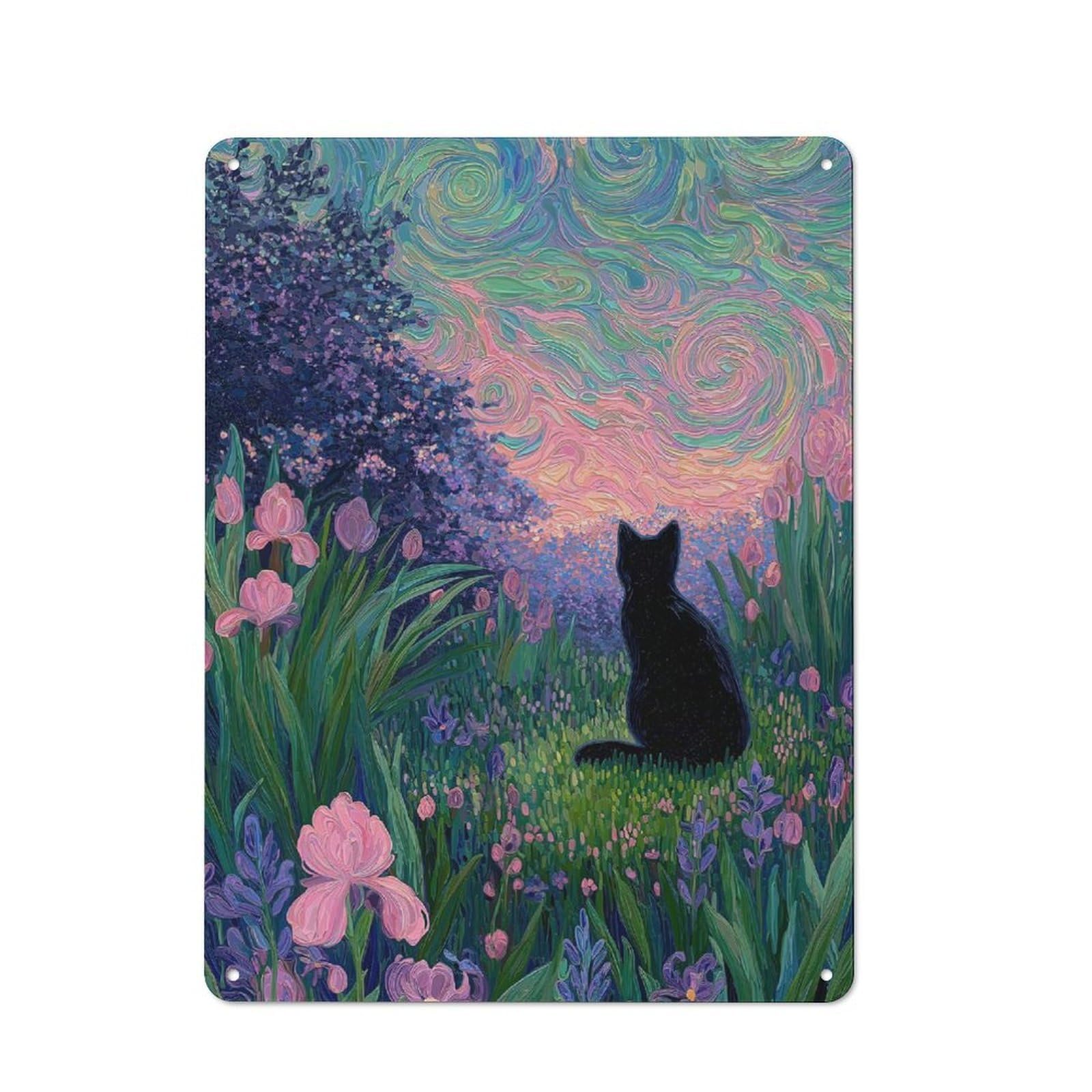 Junmoney Style-4 Black Cat In Floral Meadow Painting Retro Metal Sign 40X30cm For Living Room Or Hallway, For Updating Living Room And Hallway After Moving