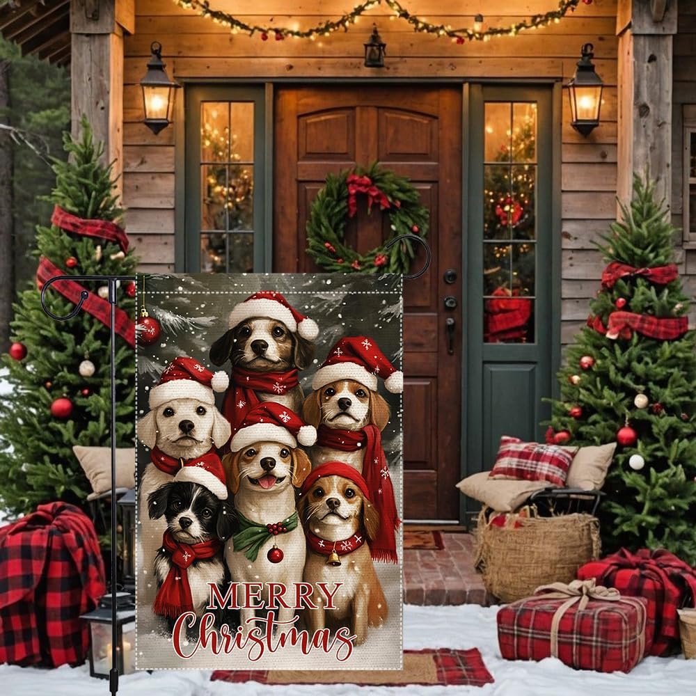 Christmas Garden Flag 12x18 Inch Double Sided Burlap Yard Decoration with Cute Dogs in Santa Hats Winter Snow Scene for Outdoor Holiday Seasonal Decor - Image 8