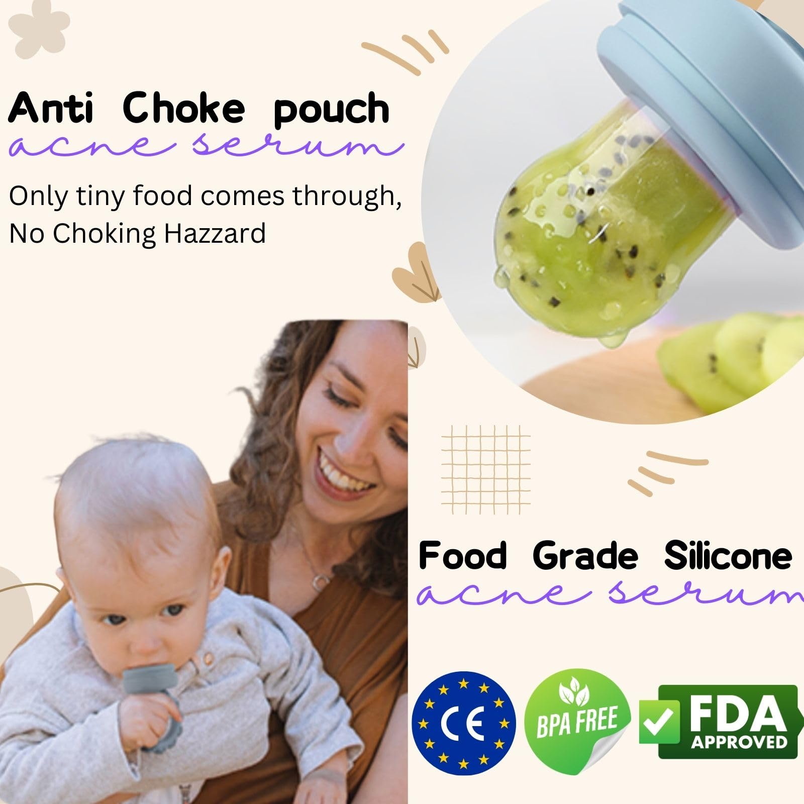 Nourrisseur Fruits Bébé Silicone – 2 Mangeoires + 6 Tétines + Moule Glaçons Lait Maternel – Sucette Fraîche Dentition Sûre