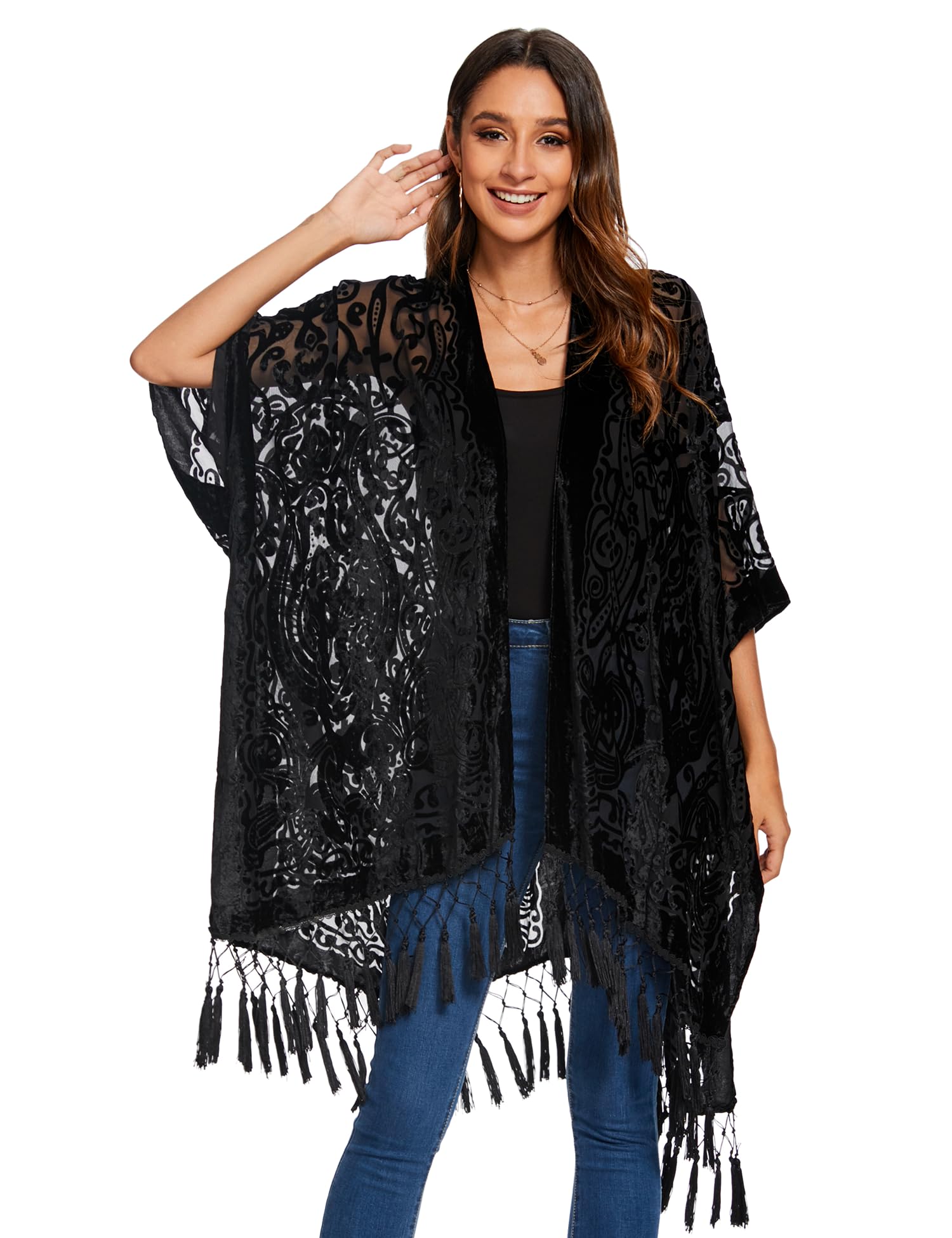MJ SERECA Langer Kimono-Cardigan aus Burnout-Samt für Damen mit Bommel Schwarz-2