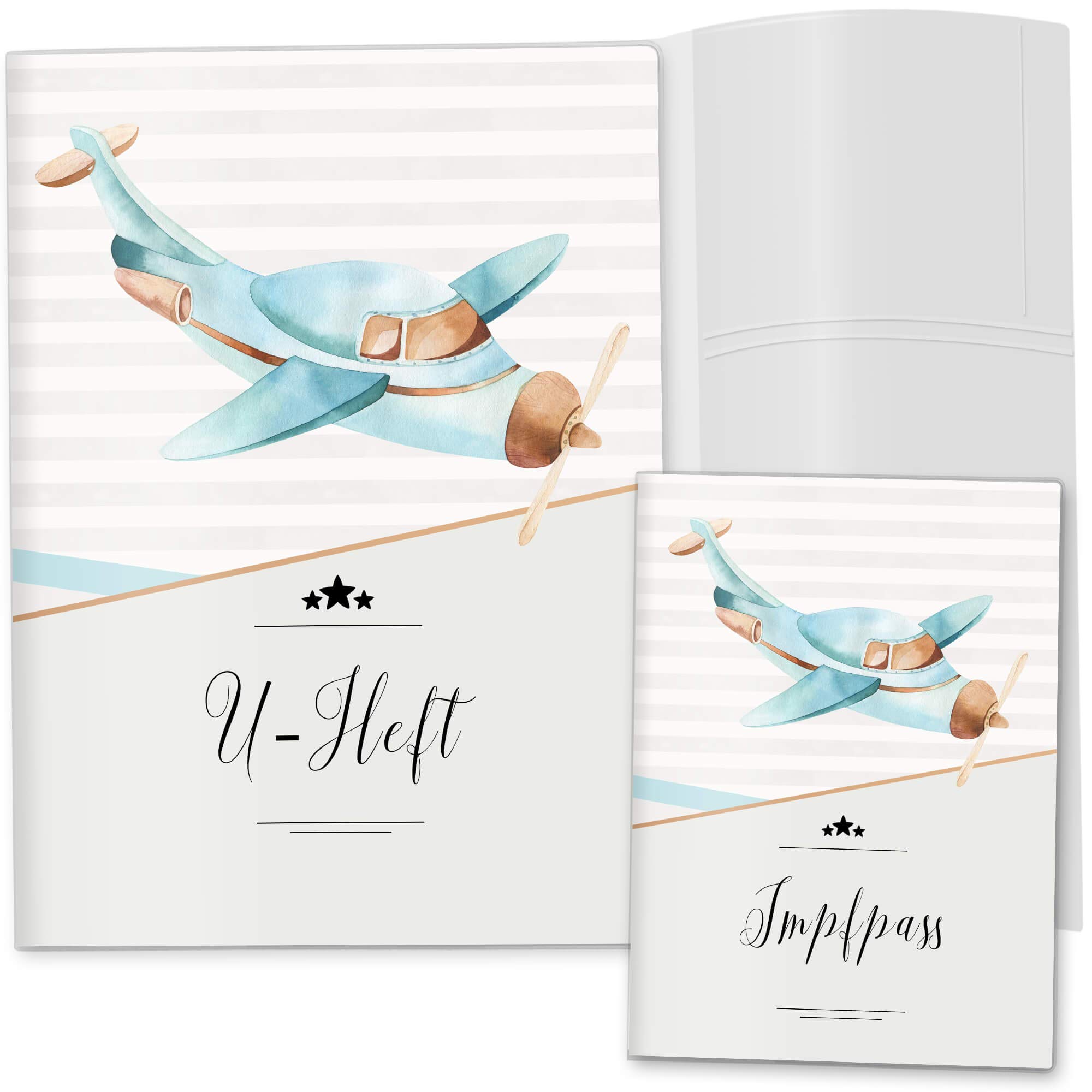 OLGS U-Heft und Impfpasshüllen 3-teiliges Set | Transport | Untersuchungsheft Hülle & Impfpasshülle Geschenkidee (Uhefthülle, Impfpasshülle ohne Personalisierung, Flugzeug)