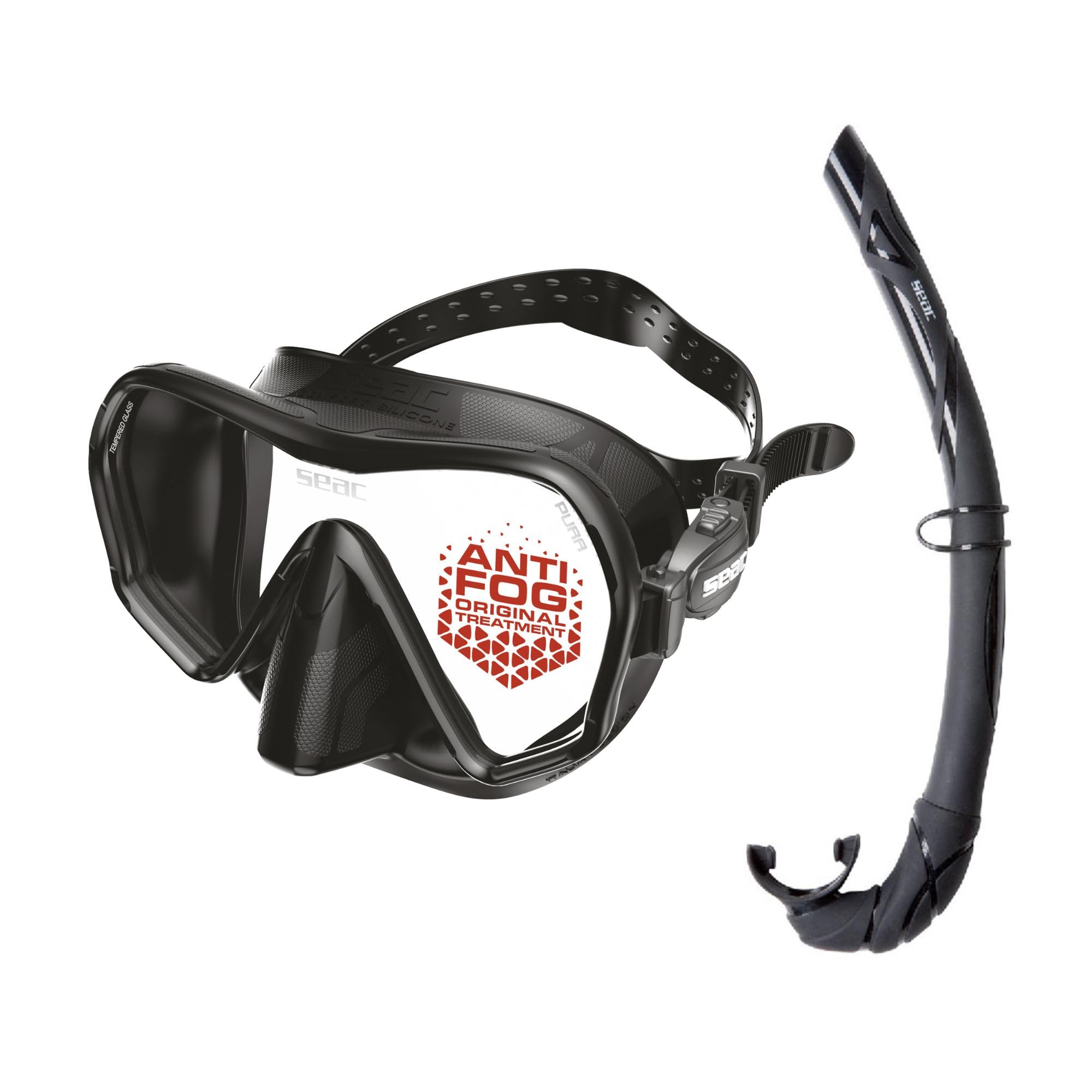 SEAC Set Bis Pura, Maschera Monolente Antifog Anti Appannamento con Fibbia 3D e boccaglio Turtle pieghevole in silicone Ipoallergenico Set per Immersioni e Snorkeling