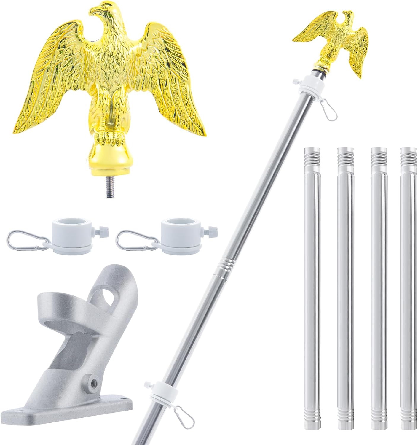 6FT Flag Pole for Outside House, 3/4 inch Diameter Thickened Aluminum Wall Mount Flag Pole with Golden Eagle Topper, Heavy Duty Flag Pole Kit with Holder Bracket for Outside Porch (Silver)
