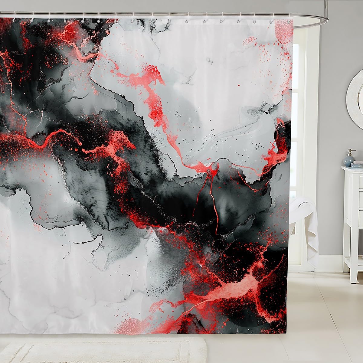 Erosebridal Black and Red Waterproof Bathroom Curtain Abstract Marbling Bath Curtain, Aesthetic Marble Shower Curtain Foil Print Bathroom Curtains,