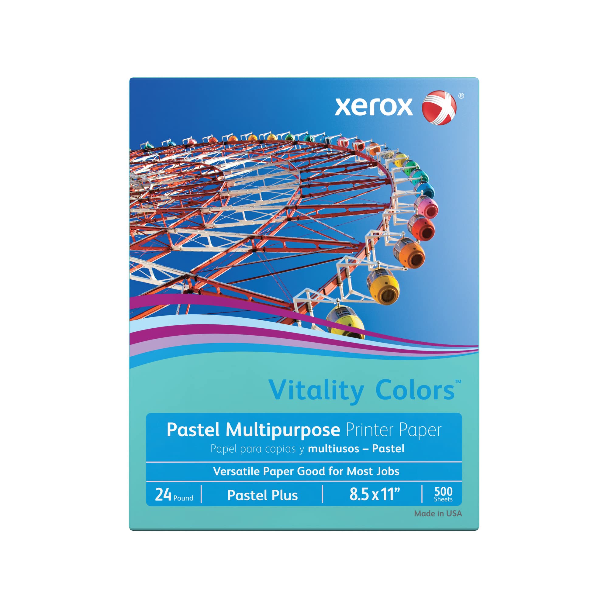 XeroxVitality Colors™ Pastel Plus Multipurpose Printer Paper, Letter Size, 24 Lb, 30% Recycled, Aqua, Ream Of 500 Sheets