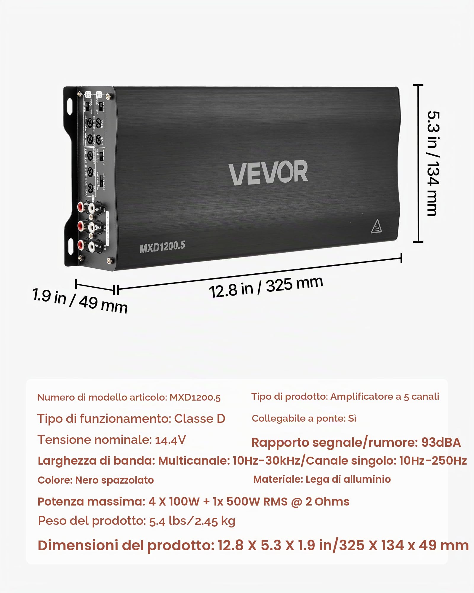 VEVOR Amplificatore Audio per Auto a 5 Canali Potenza a Ponte di Classe D max. 4x100 W a 4 Ohm/4x 200 W a 2 Ohm+1x1000 W a 2 Ohm / 1x500 W a 4 Ohm, Amplificatore per Veicoli Multicanale