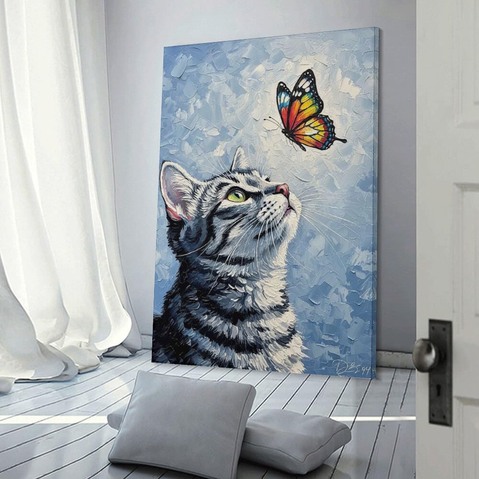 Junmoney Hanging Wall Art Cat And Butterfly Oil Painting, 08x12inch(20x30cm), for Wall Displays, Bedrooms Or Room Updates, Wall Decor Suited to Curated Displays