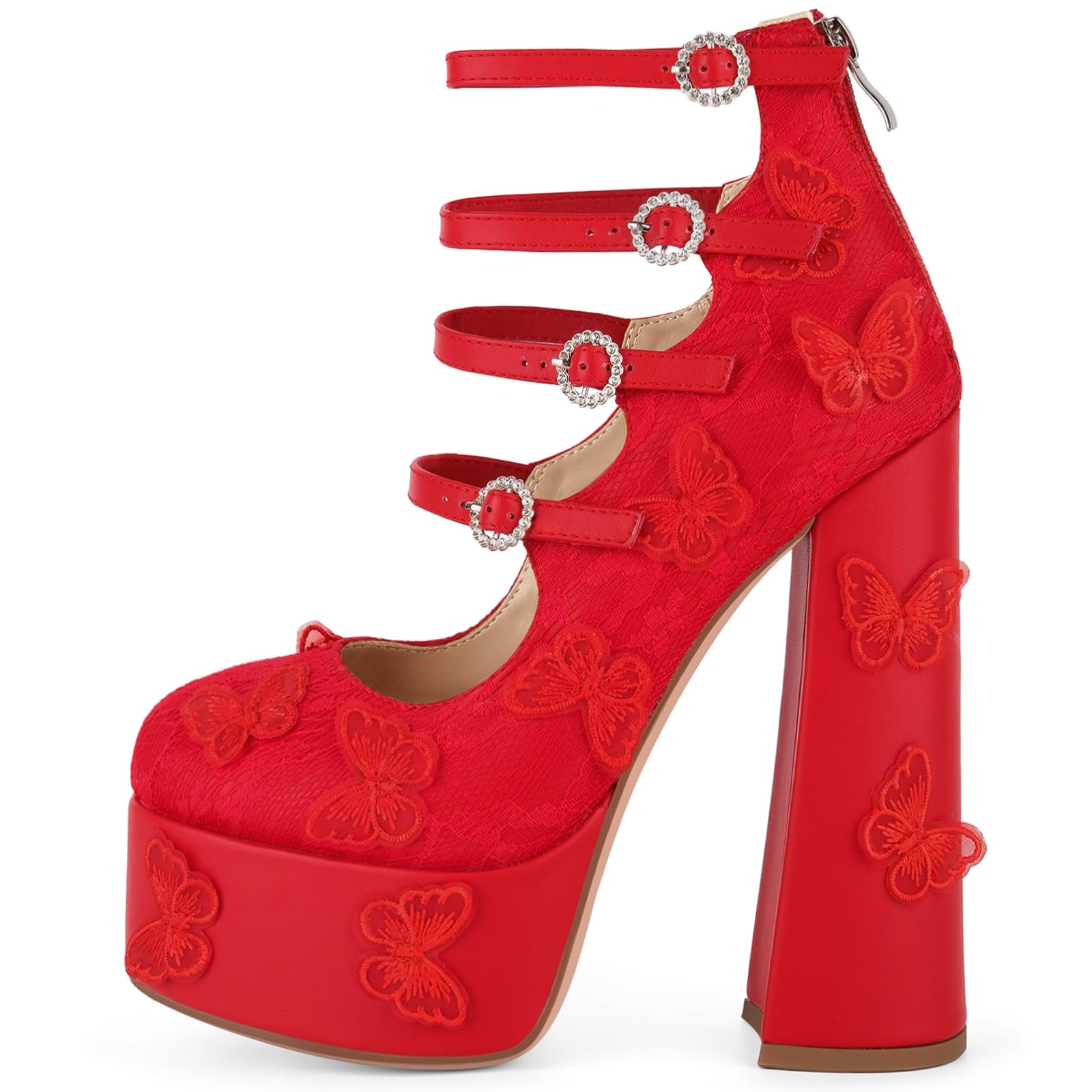 KISTANIA Women's Platform Chunky Heels with Lace Butterfly Square Toe Ankle Strap Mary-Jane Platform Pumps: 8 Red