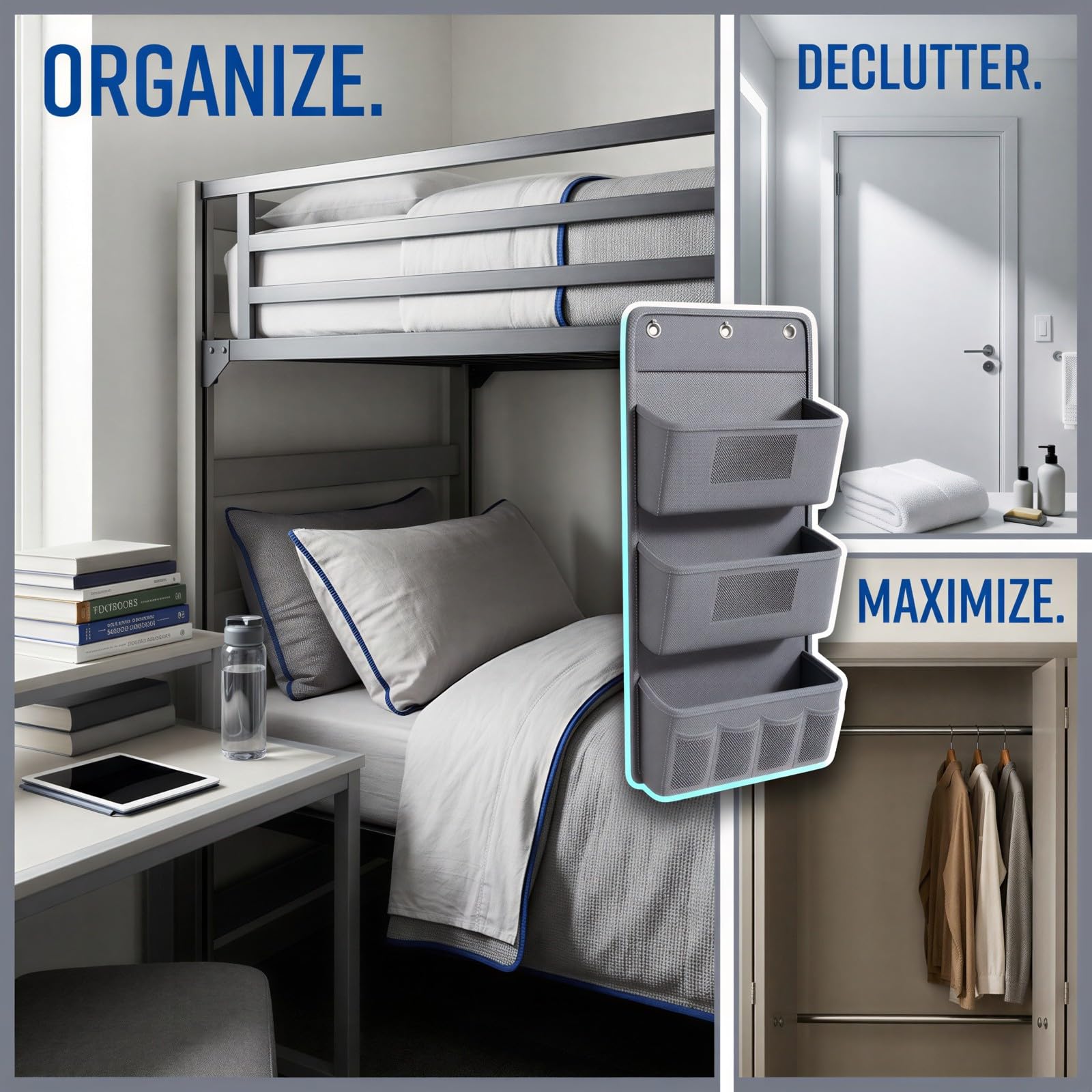 Über-der-Tür Stoff-Hängeorganizer, 3-stufiger Hängeaufbewahrungs-Organizer mit sichtbaren Mesh-Taschen und Seitenfächern für Bett, Wand, Schrank, Vorratskammer, Schlafzimmer, Grau