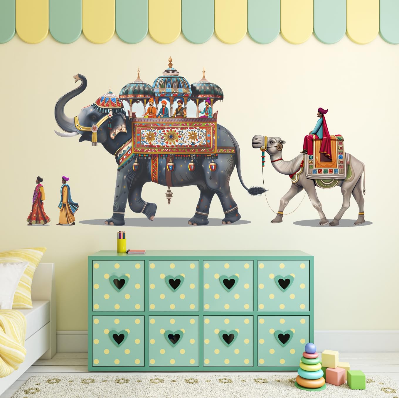 Royal Rajasthani Elephant and Camel Procession Large Wall Sticker for Living Room Bedroom and Kids Play Area 112x57 cm PVC Vinyl Traditional Indian Folk Art Wall Decal-image-22