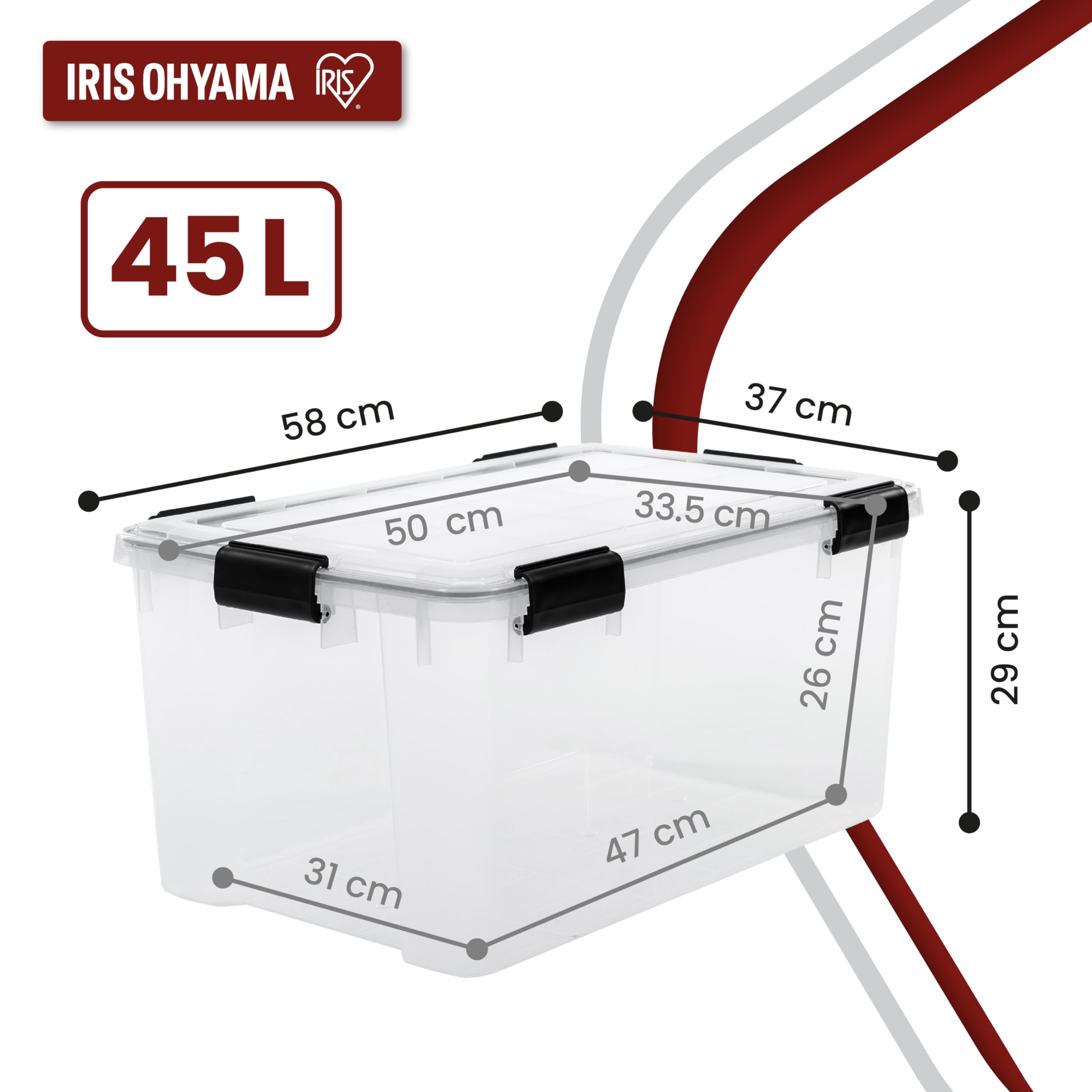 Iris Ohyama Luftdichte Kunststoff-Aufbewahrungsboxen mit Deckel, 45L, 4er-Set, Transparent, Hermetischer wasserdichter Verschluss, Robuste Schnappverschlüsse, Stapelbar, Staubschutz, BPA-frei, WSB-45