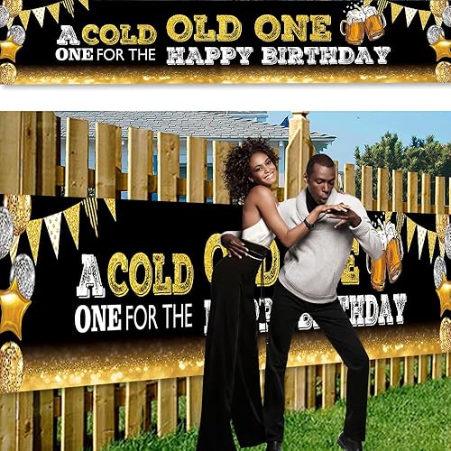 Miniatura 7 de Cartel de 118 x 20 pulgadas con texto en inglés «A Cold Old One for The Happy Birthday» para puerta de patio, globo con destello de cerveza, 30, 40,
