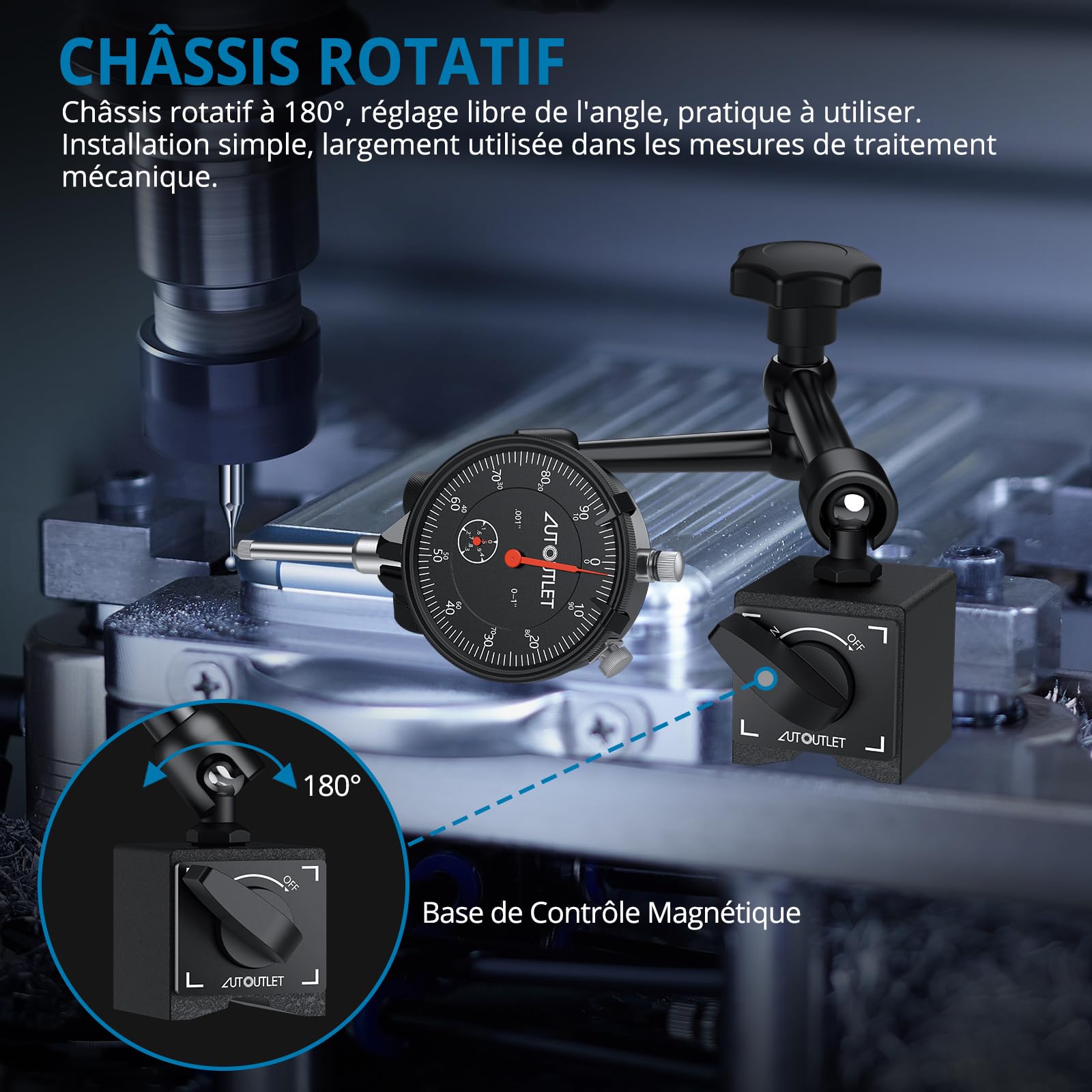 AUTOUTLET Comparateur et pied magnétique avec serrage central de 25 cm, force de traction maximale de 60 kg, plage de mesure de 0 à 20 mm, bouton de mesure, trépied magnétique, support de comparateur