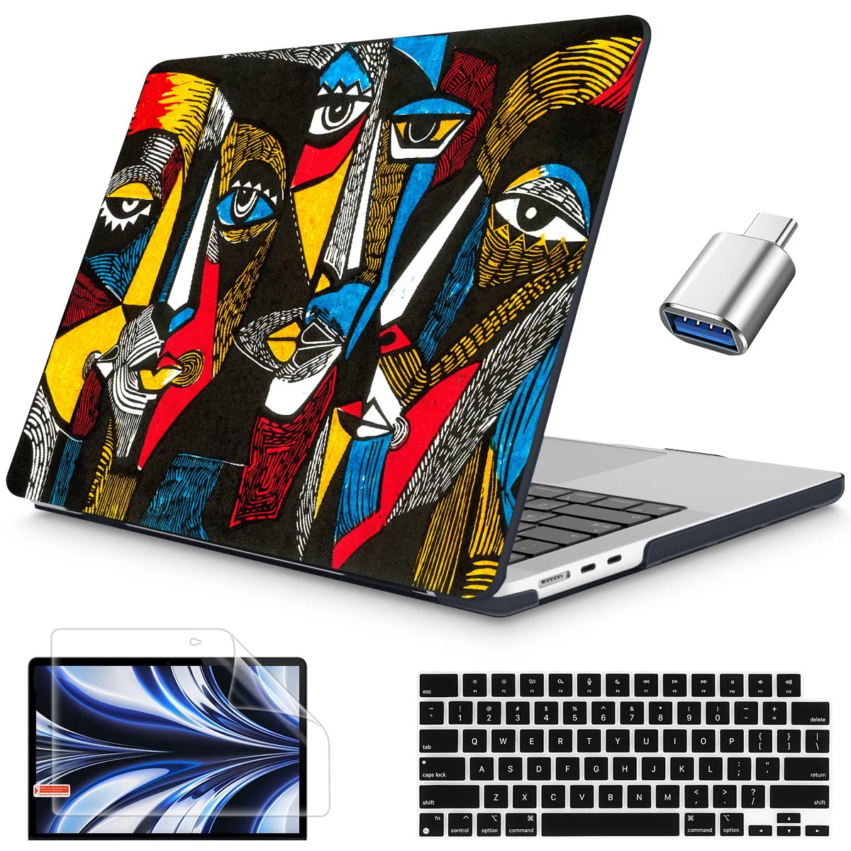 Mektron Compatible with MacBook Air 13.6 inch M2 Chip 2022 Model A2681, Hard Shell Case with Keyboard Skin & Screen Protector & OTG Adapter for MacBook 13 inch with Touch ID, Abstract Face