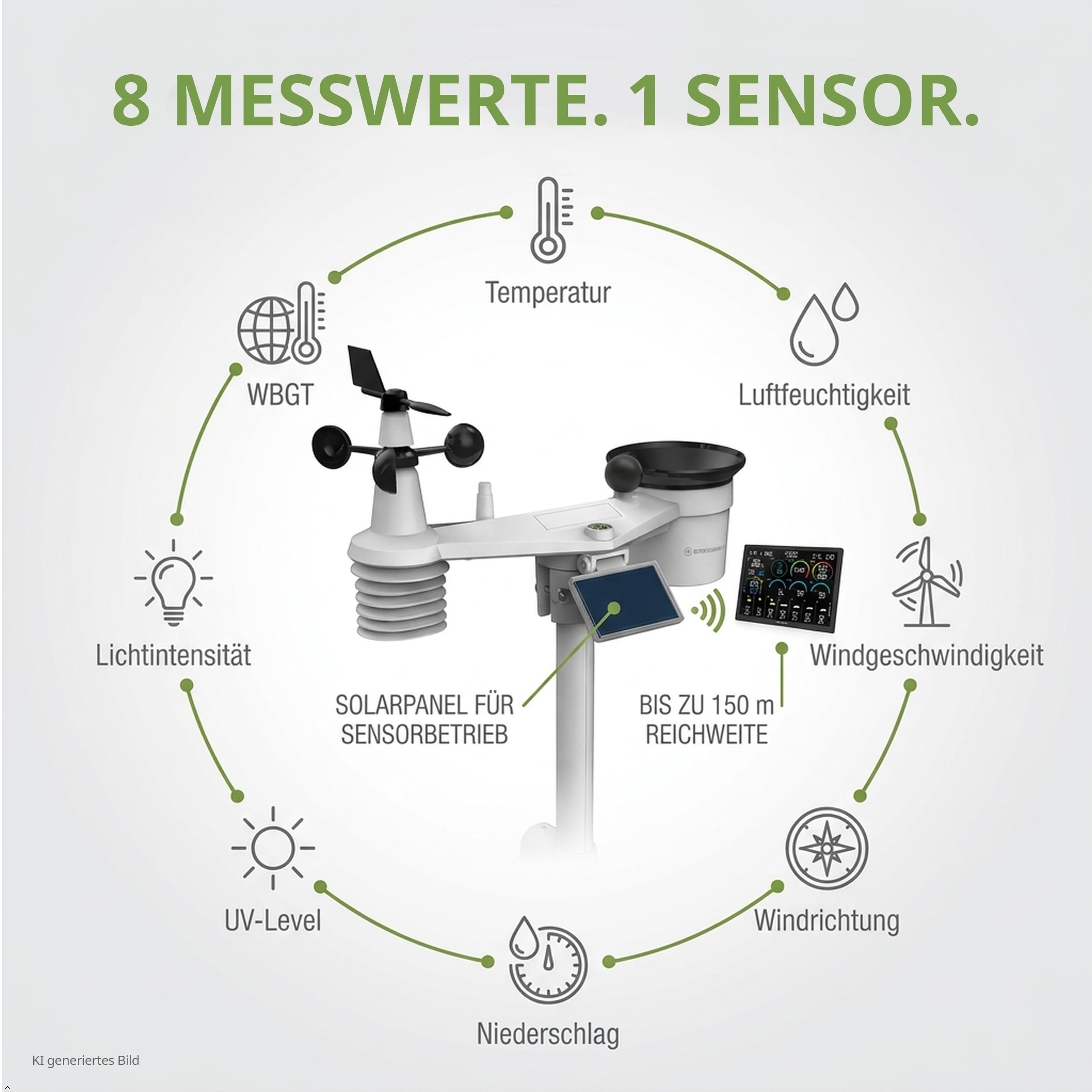 Stacja pogodowa Wi-Fi BRESSER 4CAST 18,5" z czujnikiem 8-w-1 | Temperatura wewnętrzna i zewnętrzna, wilgotność, deszczomierz, wiatromierz, UV, światło, WBGT, prognoza pogody, aplikacja
