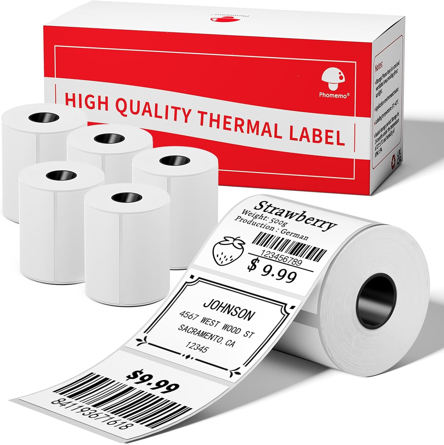 Phomemo Original [6x230 pcs] Labels Square Series, 1.57''x1.18'' (40x30mm) M110 M100 M220 M22 M12 M200 Labels, White, 230 Pieces/Roll, 6 Rolls, Multi-Purpose Adhesive Thermal Phomemo Paper