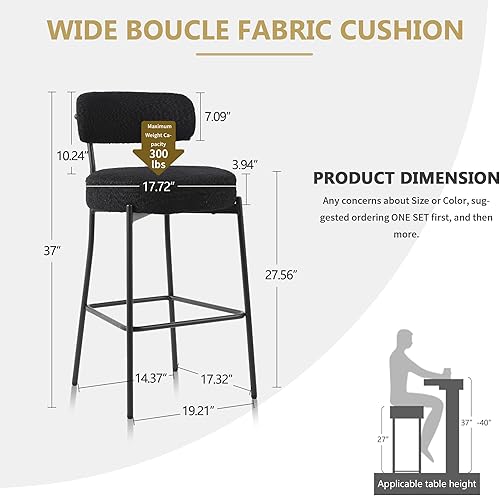 Miniatura 2 de DYHOME Juego de 3 taburetes de bar negros de 28 pulgadas de altura de mostrador con respaldo curvo, taburetes de bar Boucle con respaldo, sillas de