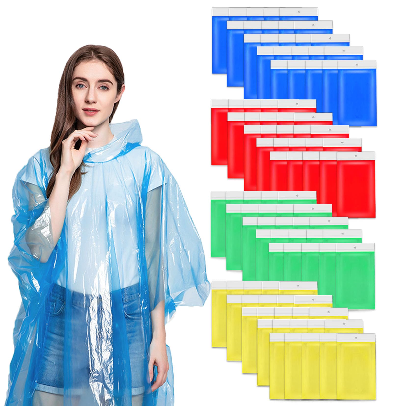 Okydoky Regenponcho mit Kapuze Kordelzug und Dickeres Material, 100 Pack Mehrfarbig, Wasserdicht Einweg Regenjacken für Festivals, Konzert, Wandern, Radfahren, Camping, Outdoor, Unisex (Color,100pcs)